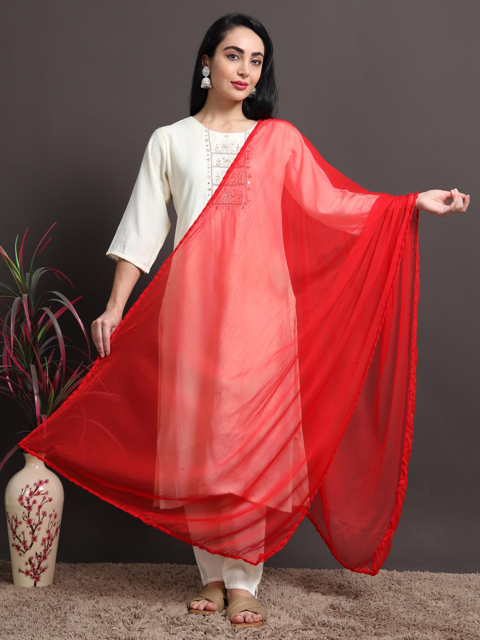 Miraan Solid Pure Chiffon Dupatta with Woven Border, 2.25 meters length (CHIFFDUPRED01_Red) - Image 4 thumbnail