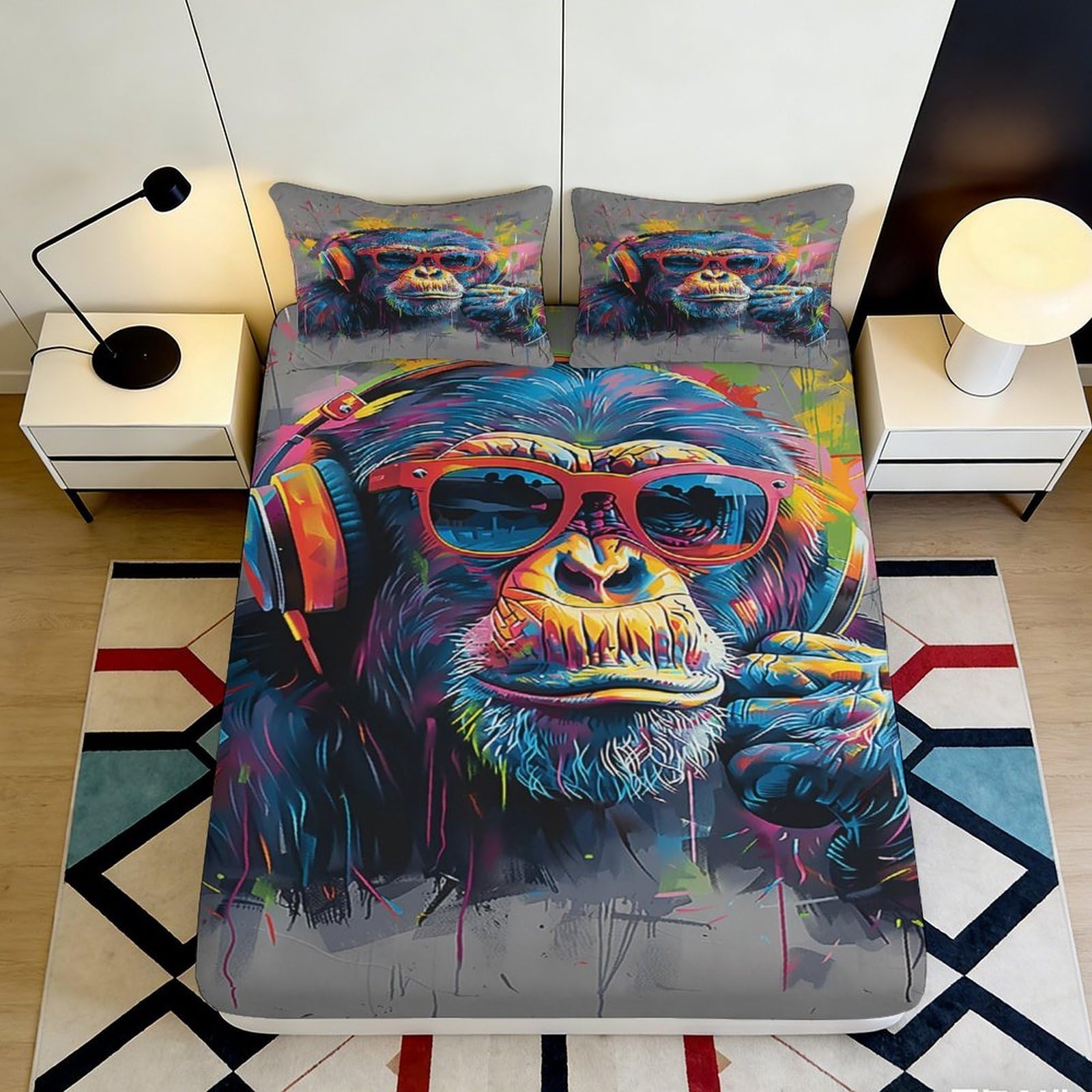 3D Printed Graffiti Chimp Fitted Sheet Microfiber Soft Non-Slip Funky Headphone Monkey Mattress Cover Bedroom Decor 90x200x25cm