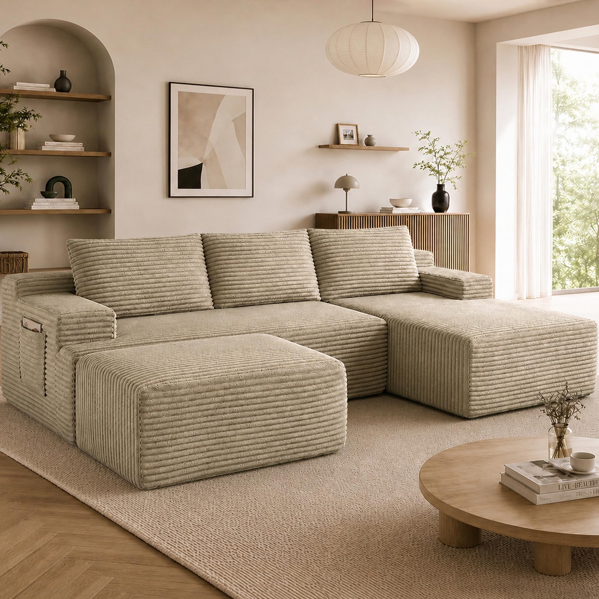 Boneless Couch, Modular Sectional Couches for Living Room, U-Shaped Cloud Couch Sofa with Deep Seat, Fluffy Corduroy Upholstered Corner Sofa