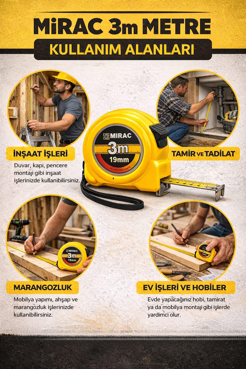 Profesyonel Şerit Metre Ölçüm Bandı, Dayanıklı Gövde, Hassas Ölçüm, Ev ve Atölye Kullanımı İçin,Şerit Metre Profesyonel Ölçüm Bandı Dayanıklı Kilitli Mezura Sarı Gövde,Şerit Metre (METRE-3-789)
