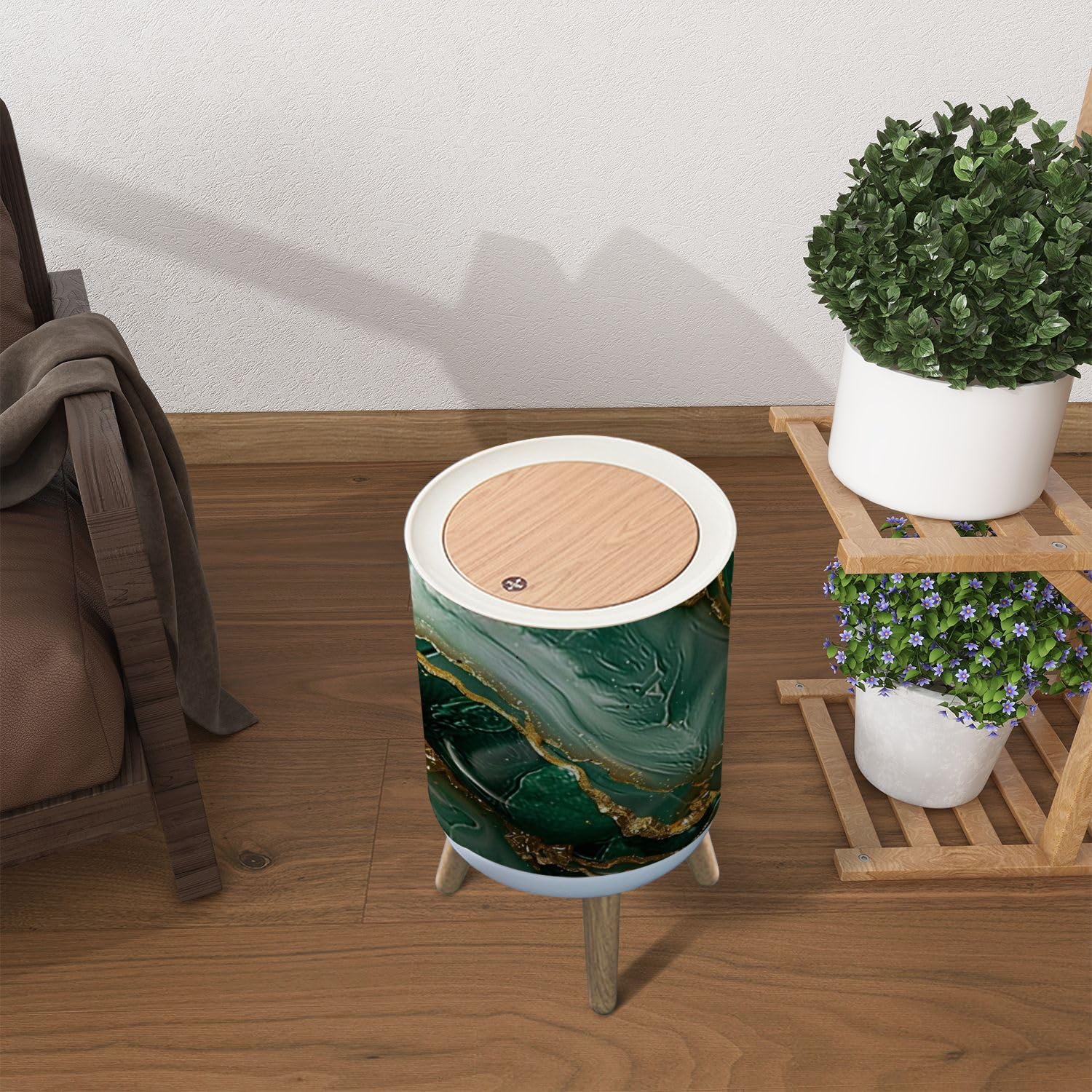 Cubo de basura con tapa, diseño abstracto de mármol de lujo, textura de mármol, verde y dorado, cubo de basura 3D, redondo, a prueba de perros, para cocina, baño, sala de estar, guardería,