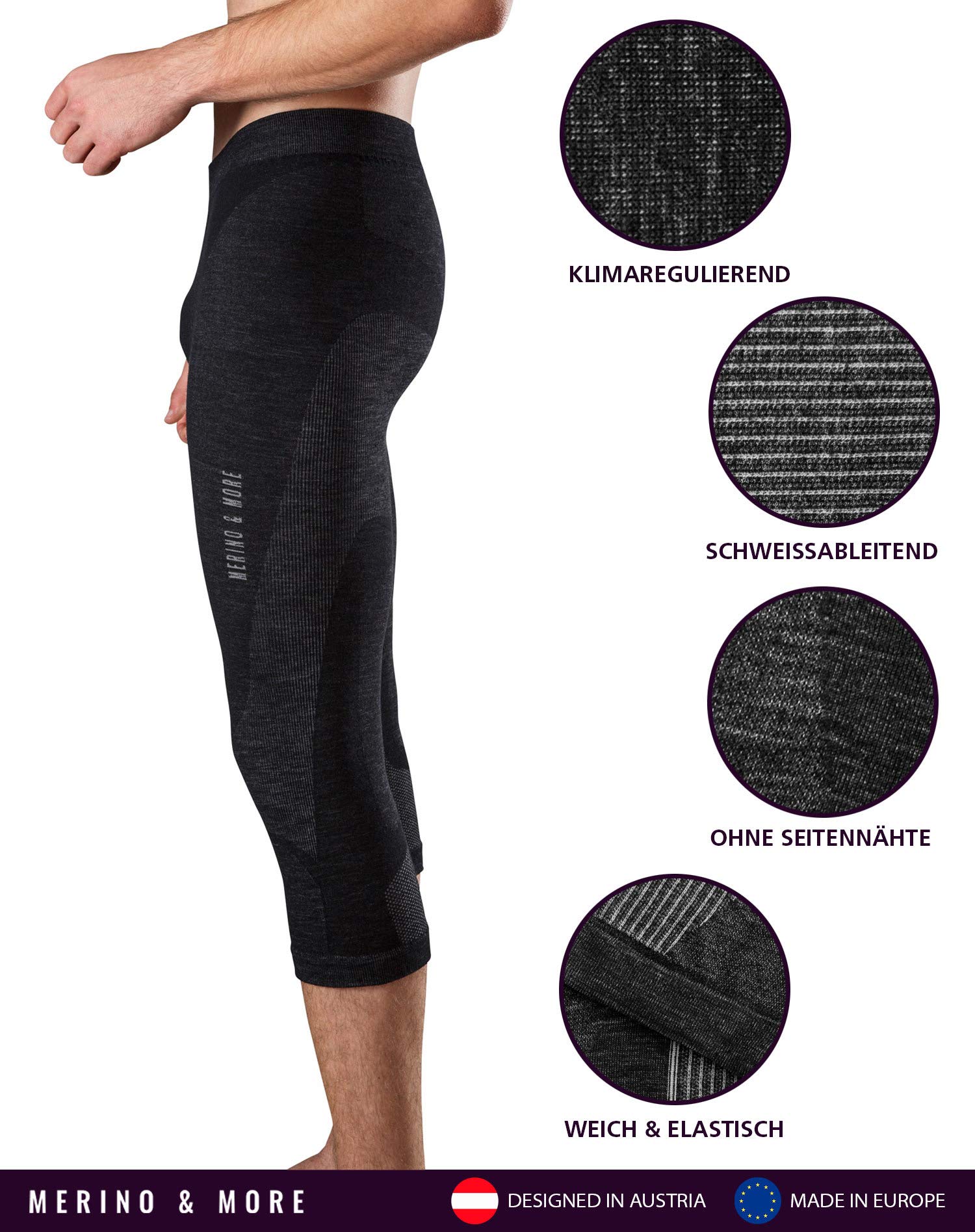 Merino & More Merino Unterhose Herren - Funktionsunterwäsche Merinowolle - 3/4 lang