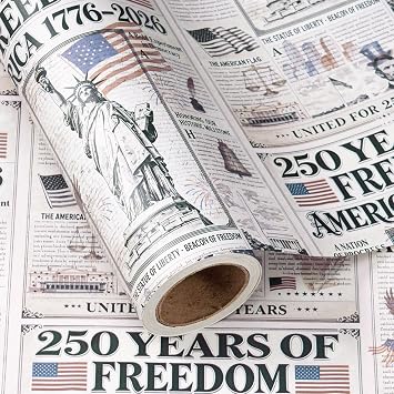 WRAPAHOLIC Kraft Patriotic Wrapping Paper Roll - Mini Roll - 17 Inch x 16.5 Feet - 250 Years of Freedom America Vintage Newspaper Wrapping Paper for Independence Day, 4th of July