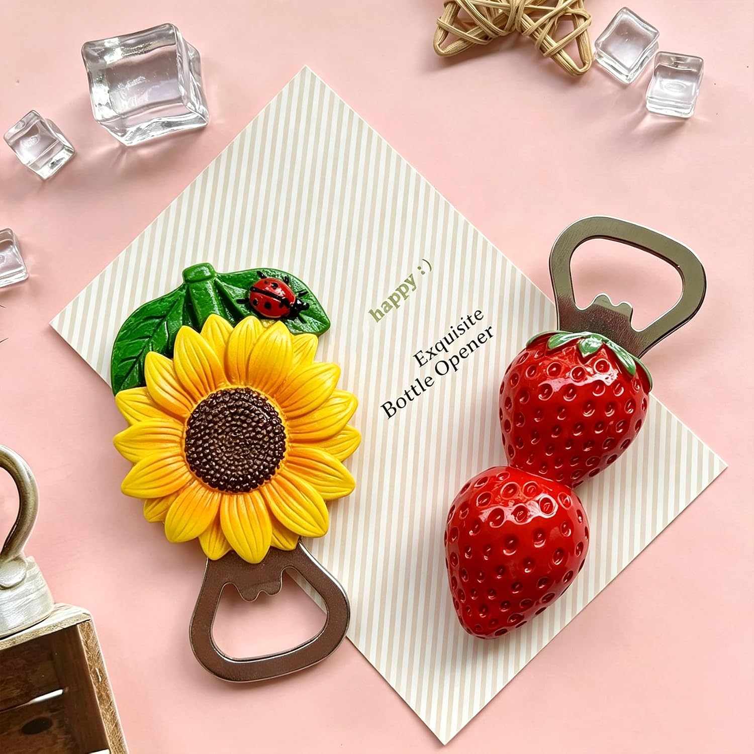 Set of 2 Fruit Floral Magnetic Bottle Openers, 3D Resin Sunflower Strawberry Fridge Magnets, Novelty Beer Openers for Housewarming Gift Farmhouse Home Decor (Mixed Styles) image 5