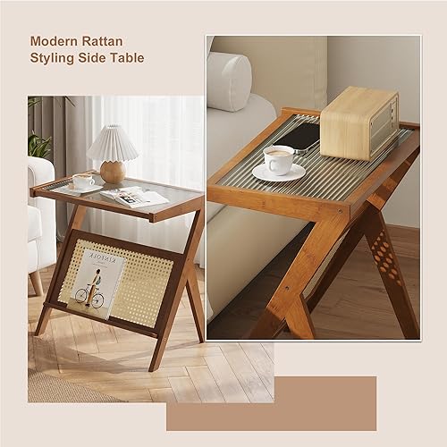 Miniatura 8 de FILWH Mesa auxiliar para mesita de noche, mesa auxiliar de cristal, mesa de bambú de ratán sintético, mesa de trabajo, mesa de centro con