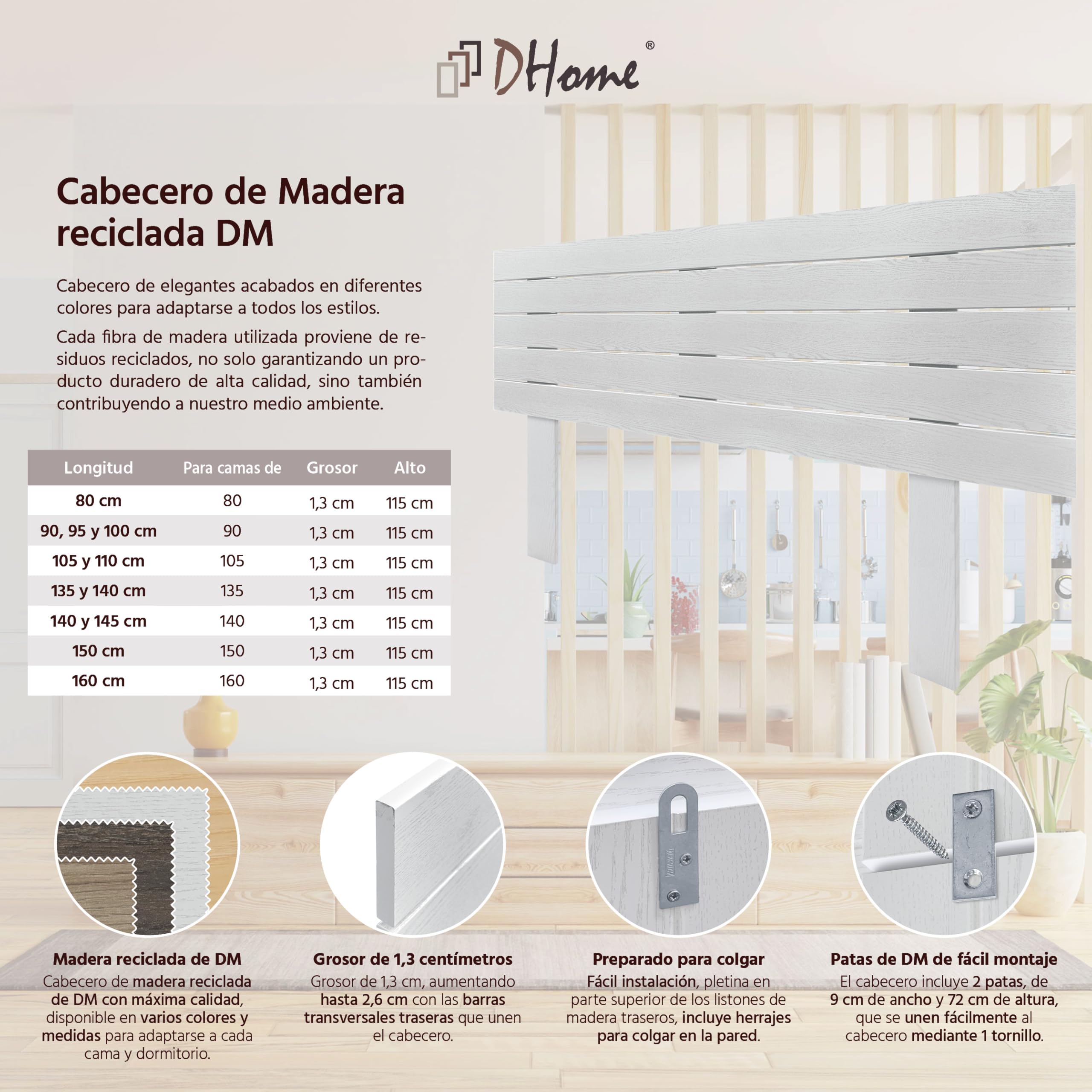 DHOME Cabecero de Madera reciclada DM con Patas Estilo Palet Horizontal Cama Palets Herrajes incluidos (Blanco Madera, 135cm)