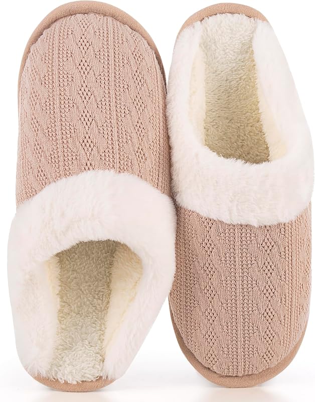 Women's Cozy Knit Slippers with Faux Fur Lining Memory Foam - Non-Slip Rubber Sole Indoor/Outdoor Winter House Shoes for Warmth and Comfort