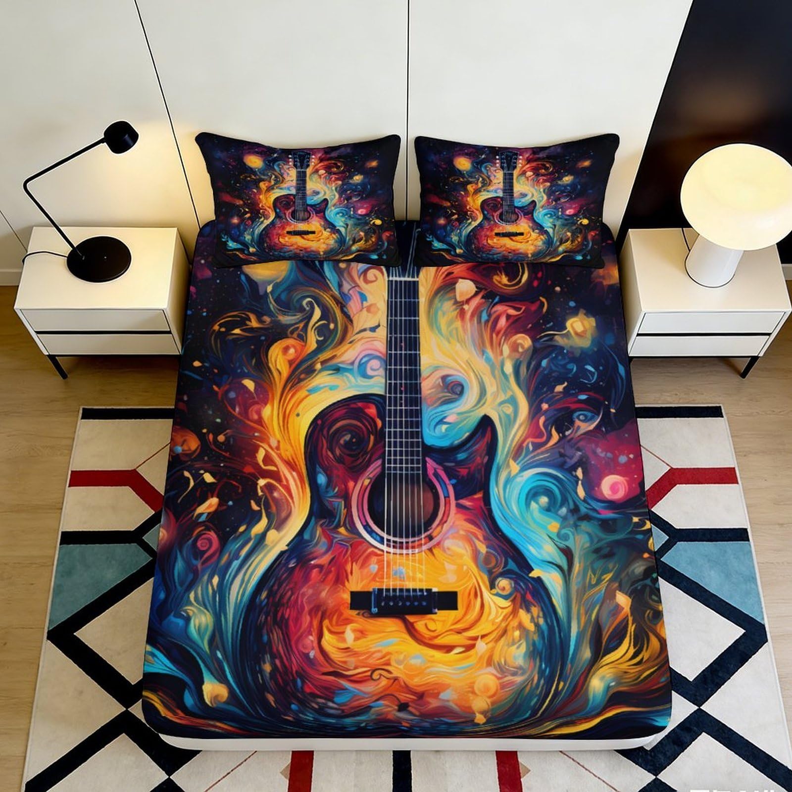3D Printed Colorful Guitar Fitted Sheet Microfiber Soft Artistic Starry Bed Sheet for Bedroom Dorm Decor 90x200x25cm