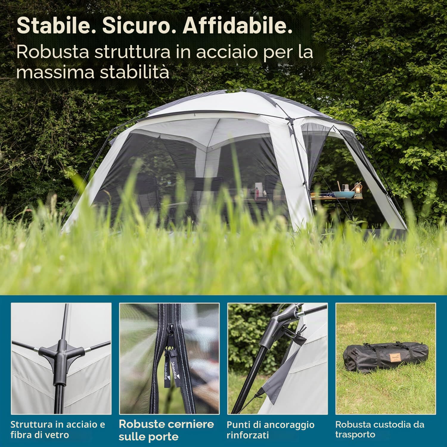 Skandika Fortun 350 Padiglione da esterno con zanzariera, colonna d'acqua 3000 mm, altezza 210 cm, facile da montare, pali in fibra di vetro e acciaio, tenda per campeggio, giardino, festival