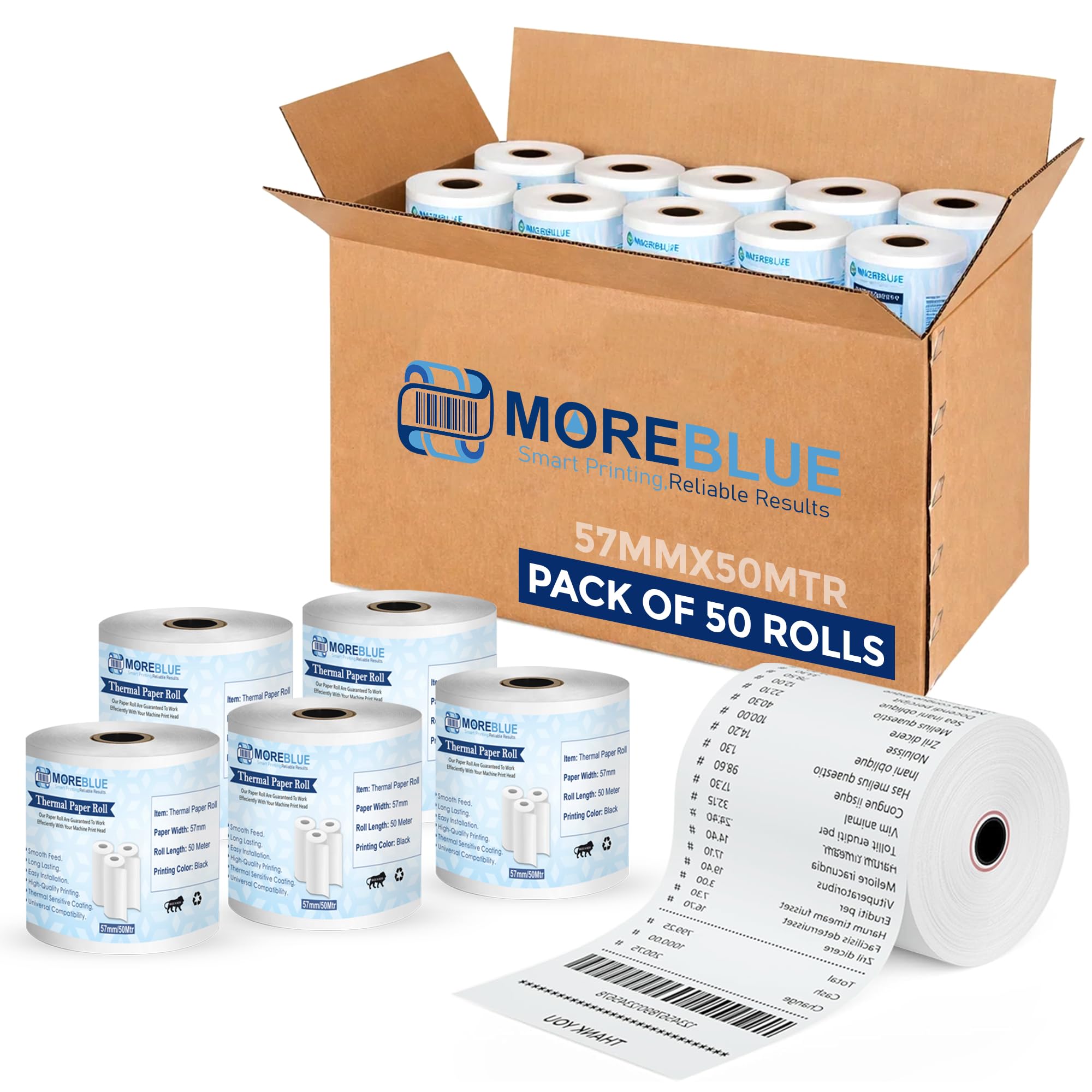 MOREBLUE® 2 Inch Thermal Paper Rolls (57mm x 50 Meter) Pack of 50 | Ink-Free, BPA-Free Receipt Paper for POS Machine, Billing Machine, Credit Card Machine & Petrol Pump Use