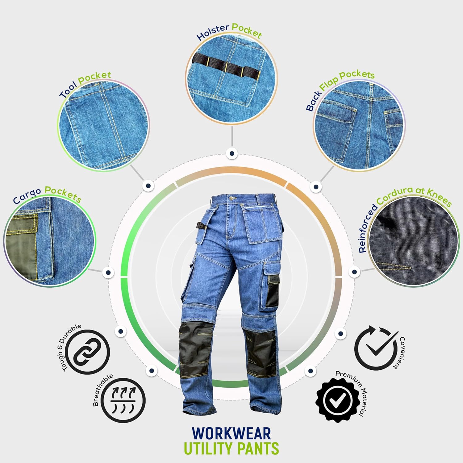 Men’s Denim Cordura Heavy-Duty Work Jeans – Tactical Cargo Pants with Utility Pockets - Image 2