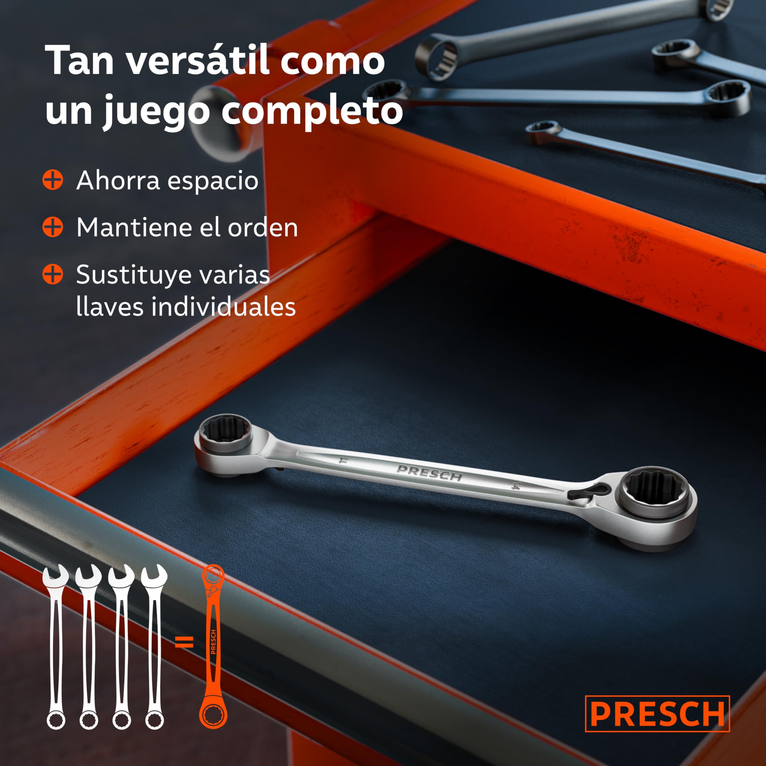 PRESCH Llave carraca doble 4 en 1 (9/11mm y 14/15mm) – Función de reversible – Con 90 dientes y ángulo de retroceso de 4° – 4 tamaños en una sola llave de carraca - Extremadamente resistente