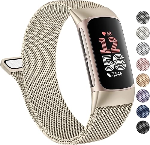 Amzpas Banda magnética compatible con Fitbit Charge 6  Charge 5 bandas para mujeres y hombres, correa de repuesto de malla de acero inoxidable