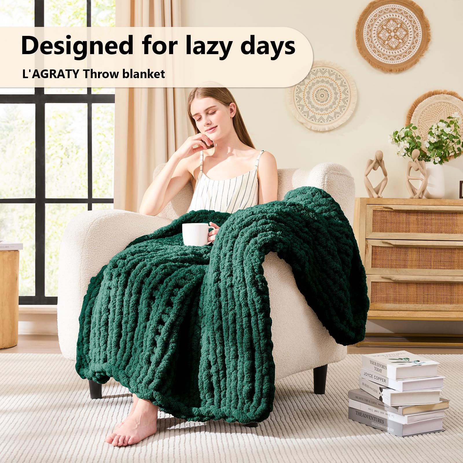 L'AGRATY Chunky-Strickdecke Olivgrün (150x200 cm), Weiche Chenille-Garn Wurfdecke, Handgemachte Zopfstrick-Decke, Kuschelige Häkeldecke für Sofa, Bett & Wohnkultur