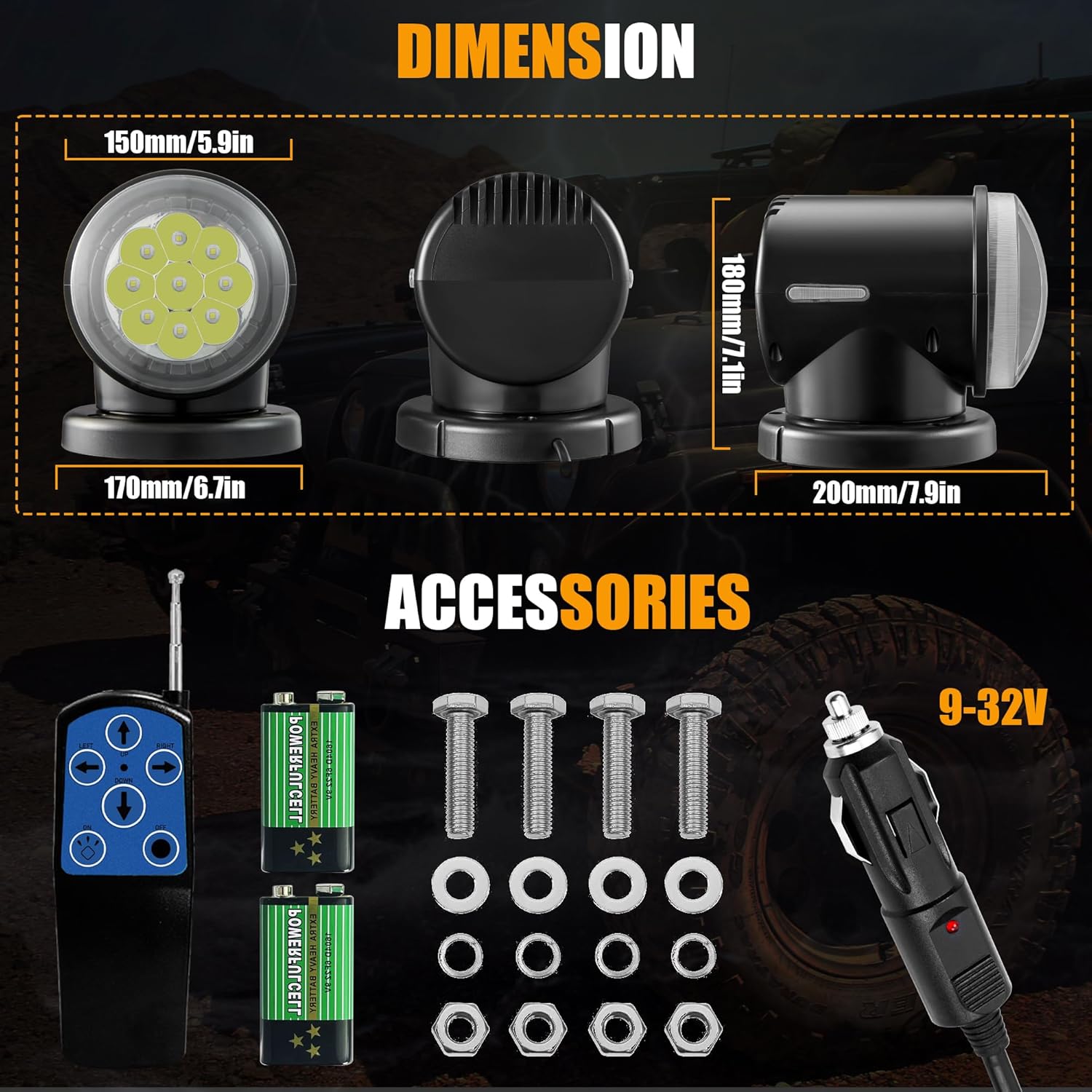 Remote LED Spot Lights for Trucks, Auto-Reset 360 Rotating Marine Spotlight for Boat, Magnetic Go Outdoor Search Light for Truck (Black)