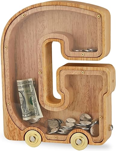 Alcancía grande Alcancía de madera interconectable, alcancía del alfabeto G con ruedas, para niños, niñas y adultos (inicial-G)