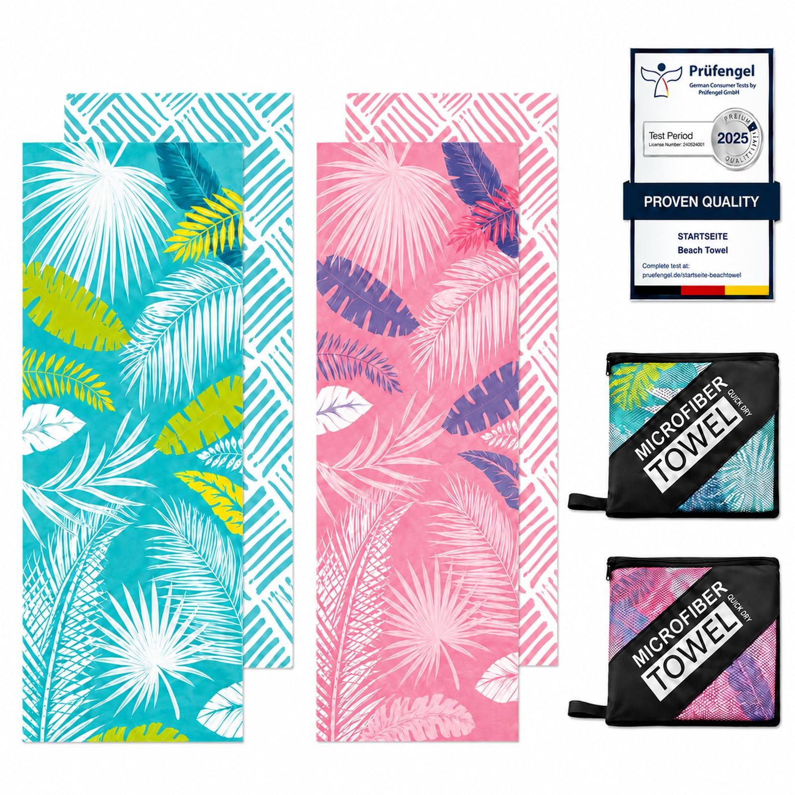 Microfibre Beach Towels for Adults - 2 Pack 180x100cm Lightweight Beach Towel Extra Large, Sand Free & Quick Dry Beach Towel Extra Large for Travel, Swim, Sports(Purple and Green Tropical Vibes)