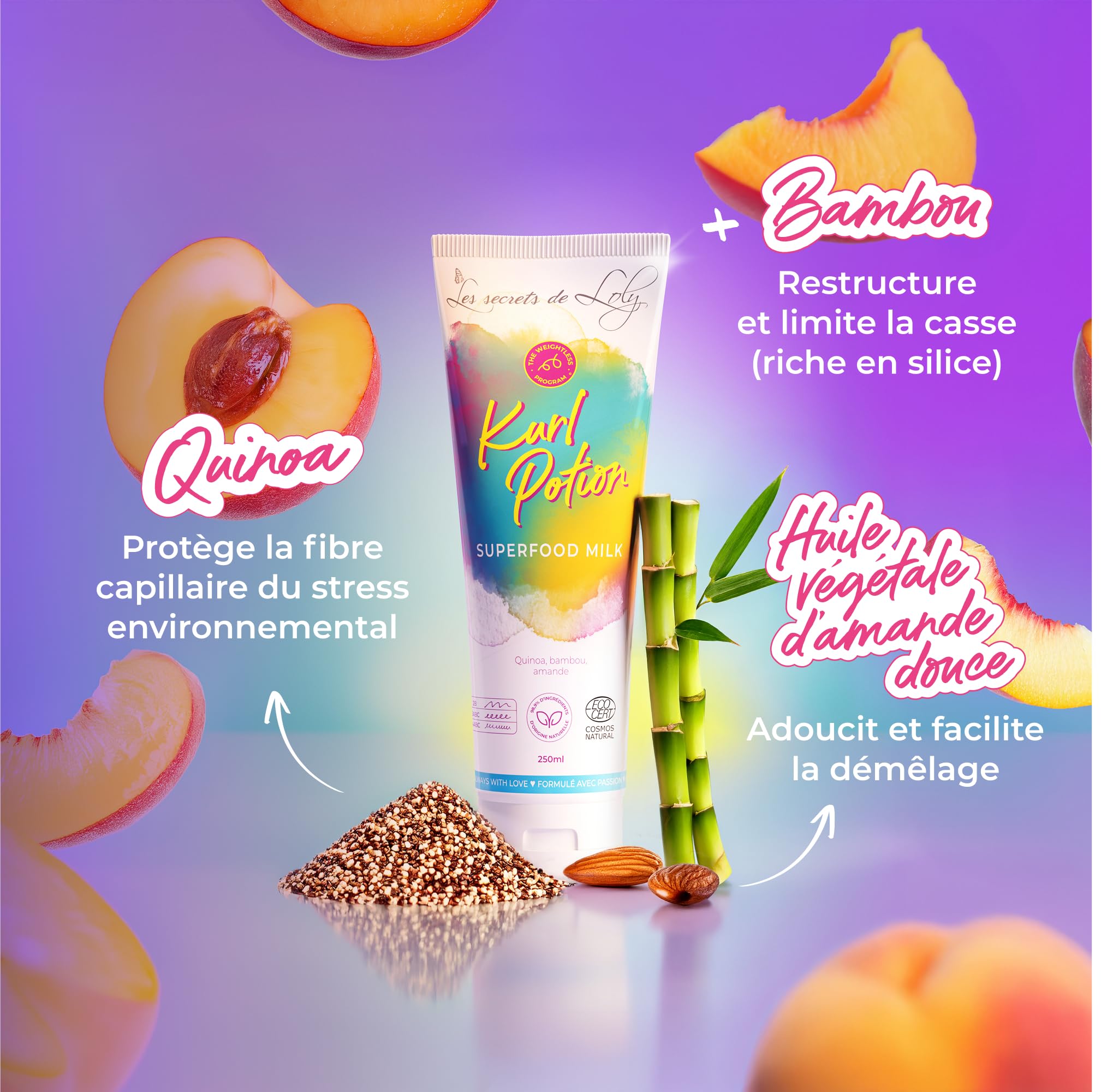 Les Secrets de Loly – Kurl Potion – Leave-in/lait sans rinçage Définition & nutrition – Cheveux ondulés, bouclés et frisés – +98% d'origine naturelle – 250 ml