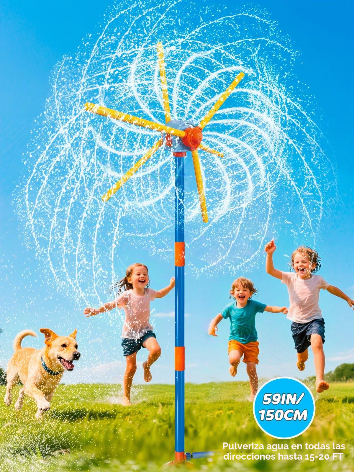 TERRAMUS Aspersor de agua con molinete de 59 pulgadas para niños, juguetes de verano, juguete de agua giratorio de 360°, doble cara mejorado con 6 aspas, juegos de jardín al aire libre, diversión de