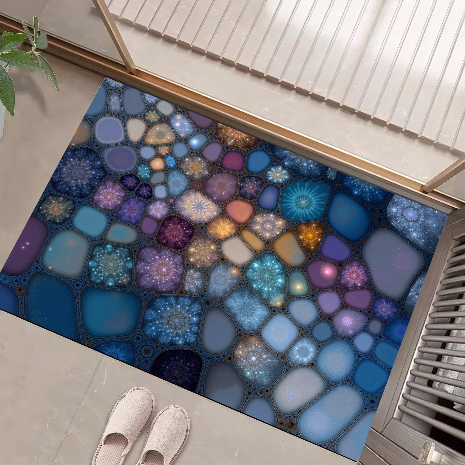 Petit tapis lavable en machine bleu 80x120cm au design mosaïque moderne