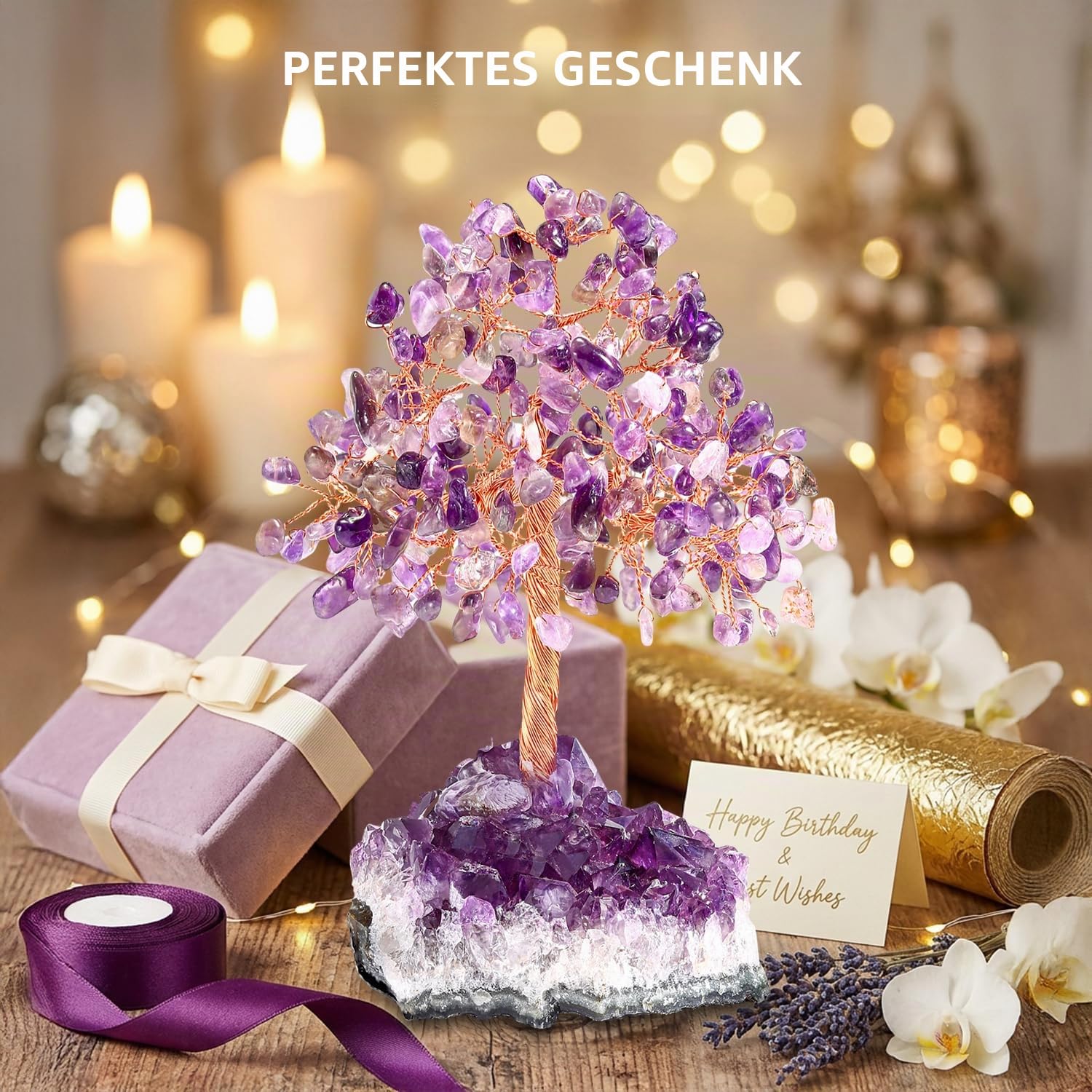 Amethyst Kristallbaum, handgefertigter Edelsteinbaum Lebensbaum, 16 cm Feng Shui Geldbaum Deko für Büro, Wohnzimmer und Schreibtisch, Geschenk für Frauen(Amethyst)