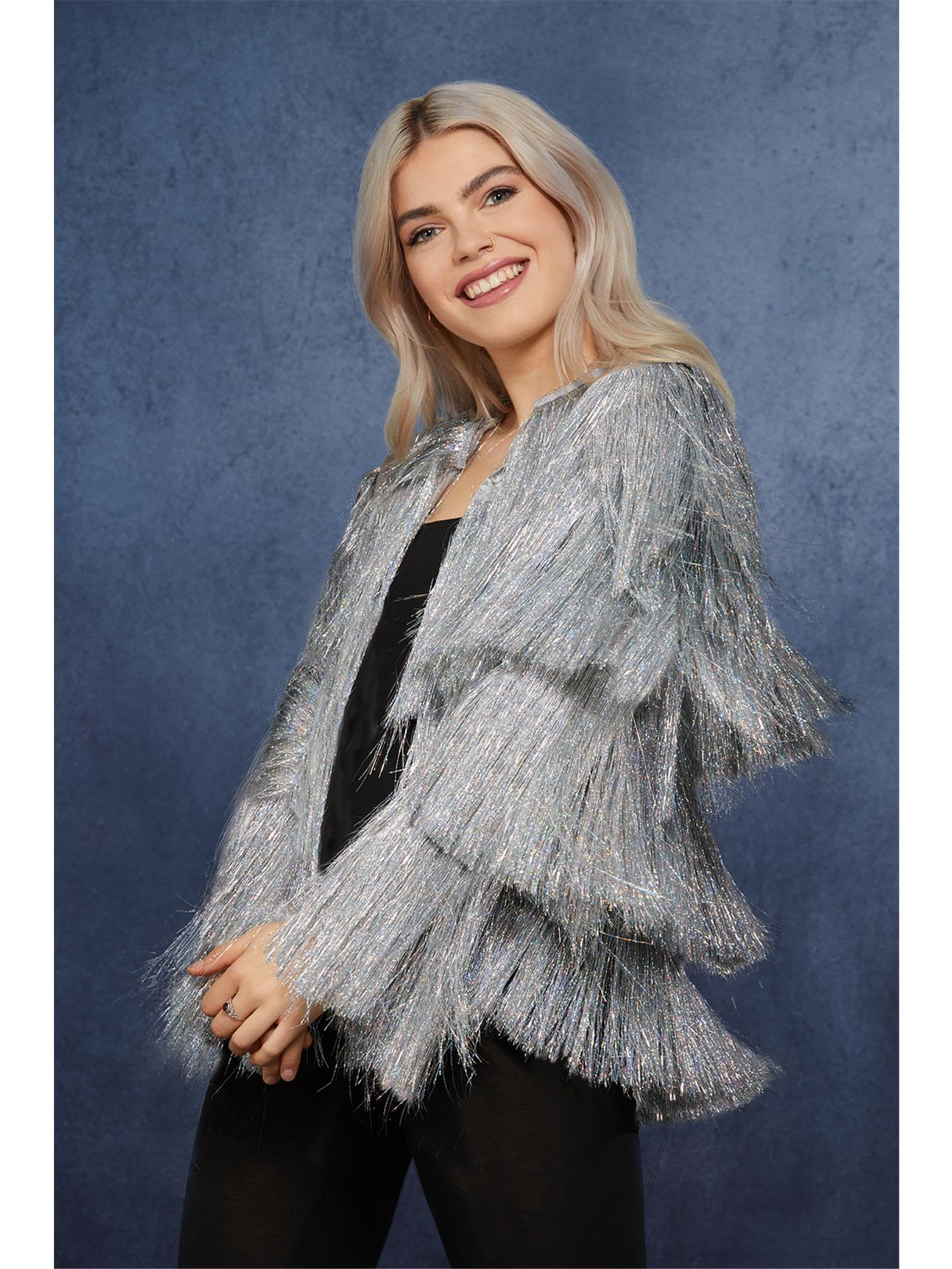 Smiffys Fever Tinsel Festival Jacket, Silver, Fever Fancy Dress, Fever Dress Up Accessories