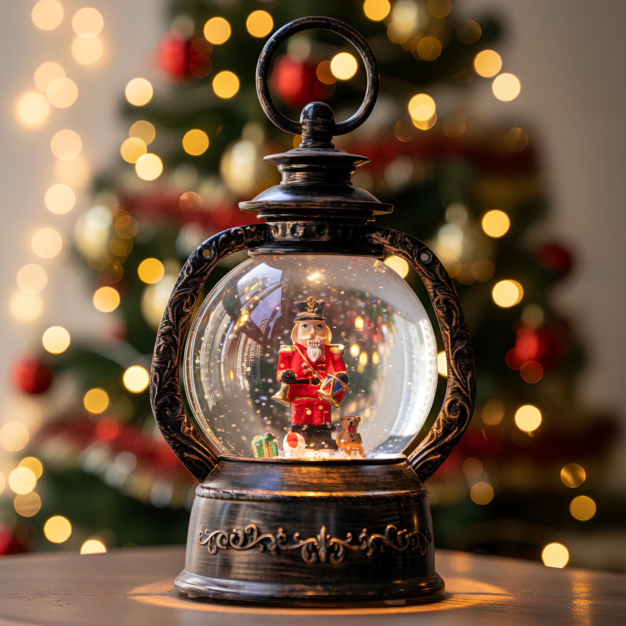 Musical Snow Globe Lantern Lighted Nutcracker Christmas Snow Water Lantern Swirling Glittering Home Decoration and Gift, Battery Operated or USB Powered