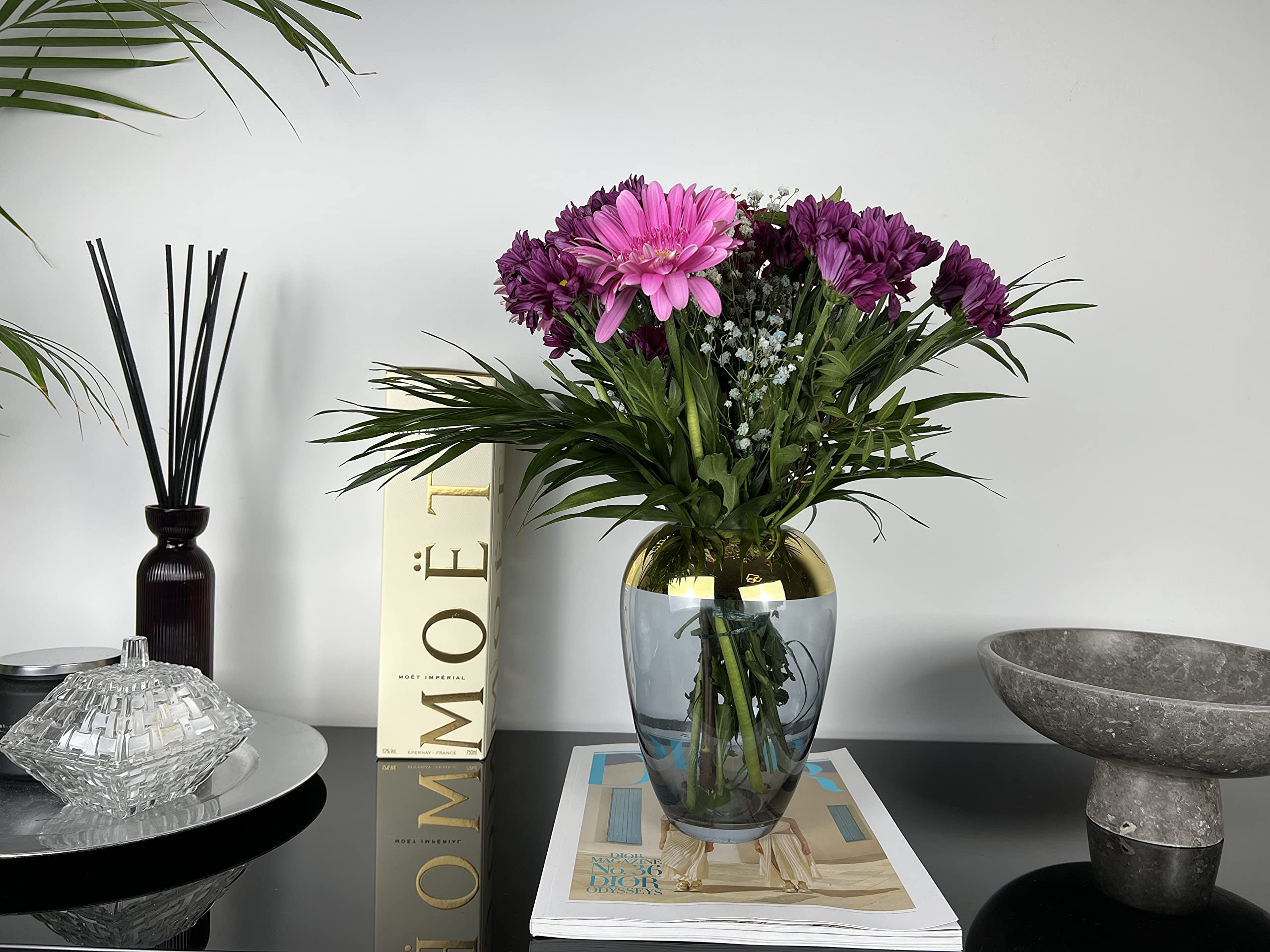Vaso In Vetro Con Bordo Dorato - Altezza 21 Cm - Perfetto Per Pampas E Fiori Secchi