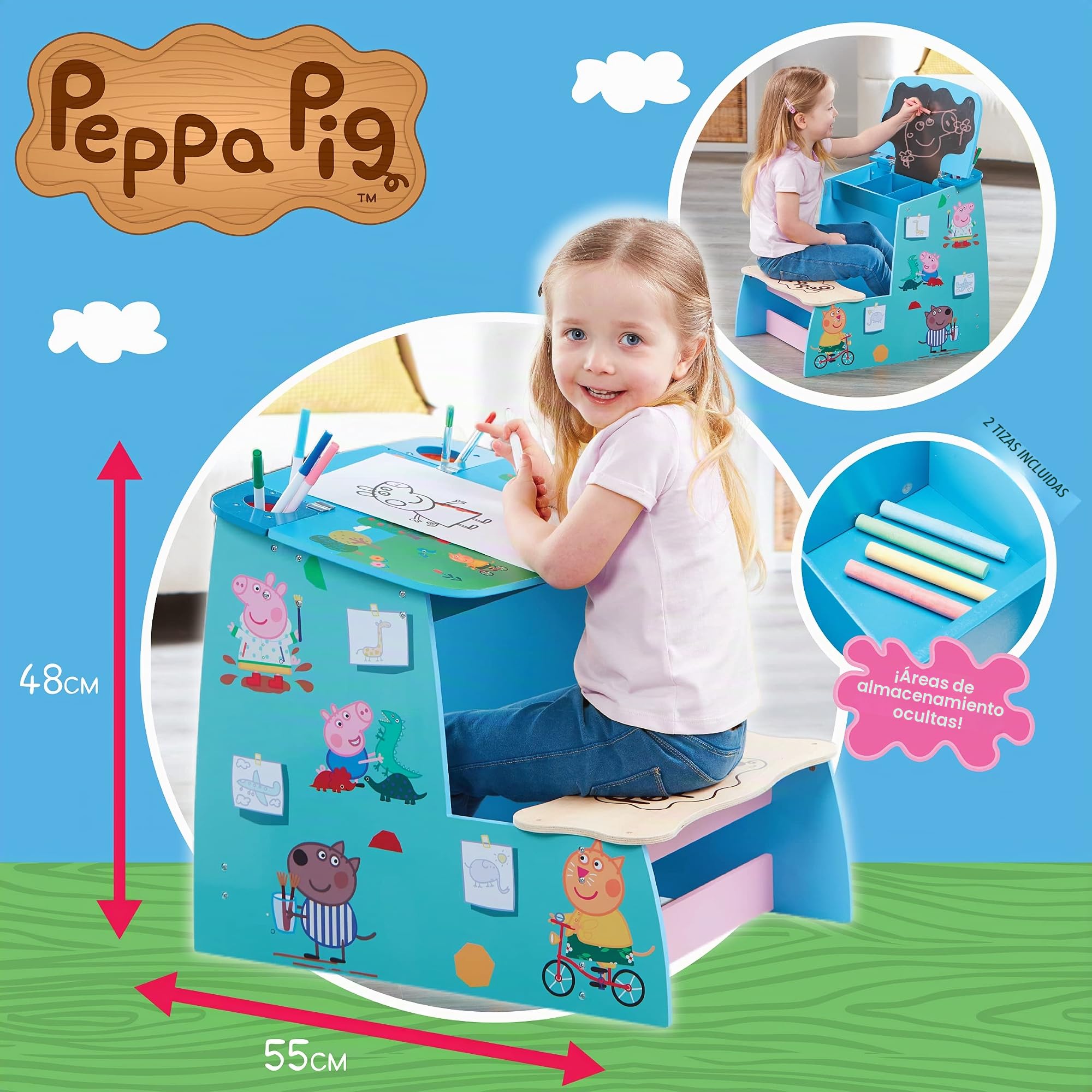 Peppa Pig Wooden Play Desk, Chalk Board and Storage Compartment. Made from FSC Certified Wood.