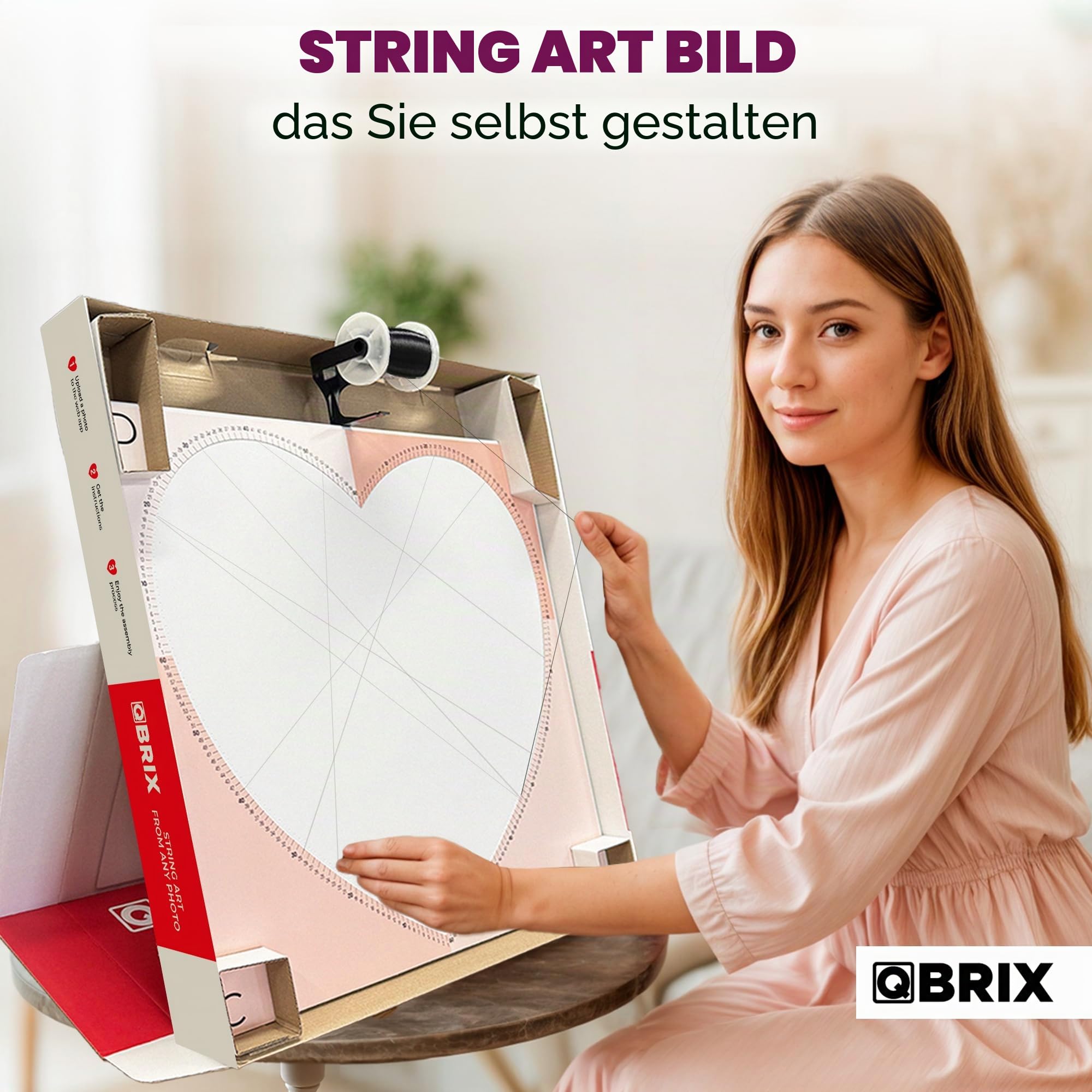 QBRIX Herz – String Art Fadenbild DIY | personalisiertes Geschenk | eigenes Foto als Garnbild | Wunschmotiv | Wandbild (Herz Form 50×50 cm)