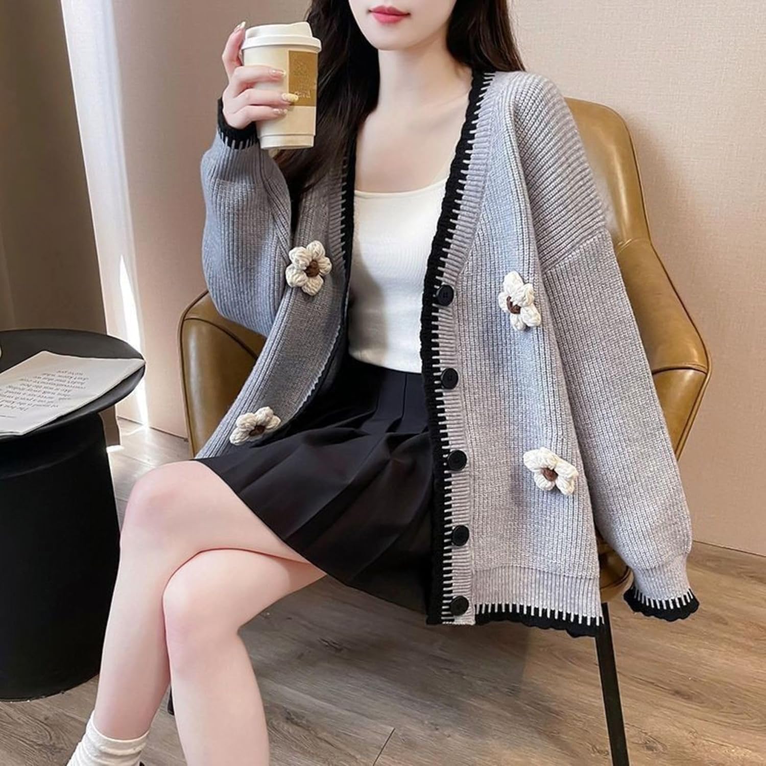 FindThy Women’s 3D Crochet Flower Cardigan Sweater Trendy V-Neck Long Sleeve Button Down Color-Blocked Knit Outerwear - Image 4