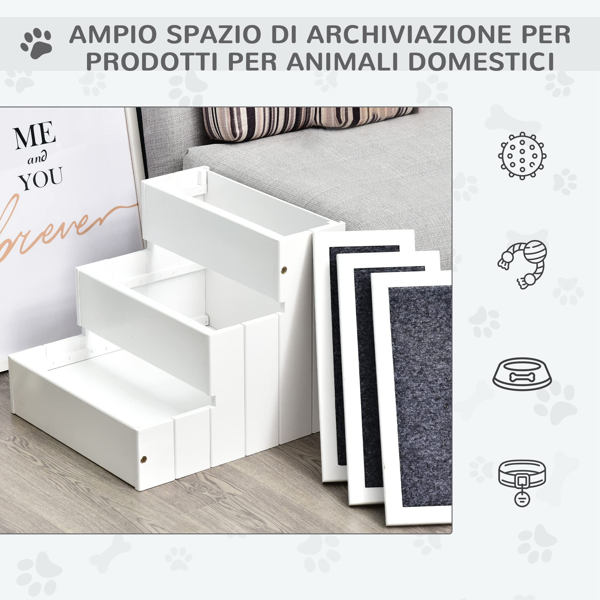 PawHut Scaletta per Cani 3 Gradini con Tappetino Antiscivolo e Spazio Interno per Riporre, 40.5x44.5x38cm, Grigio