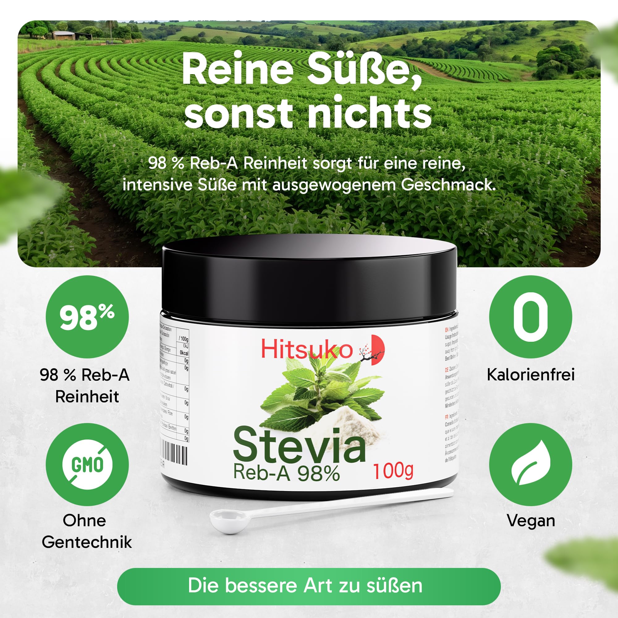 Ultra-konzentriertes Stevia-Pulver (100g) | 98% Reba-98 Pur | 470x süßer als Zucker