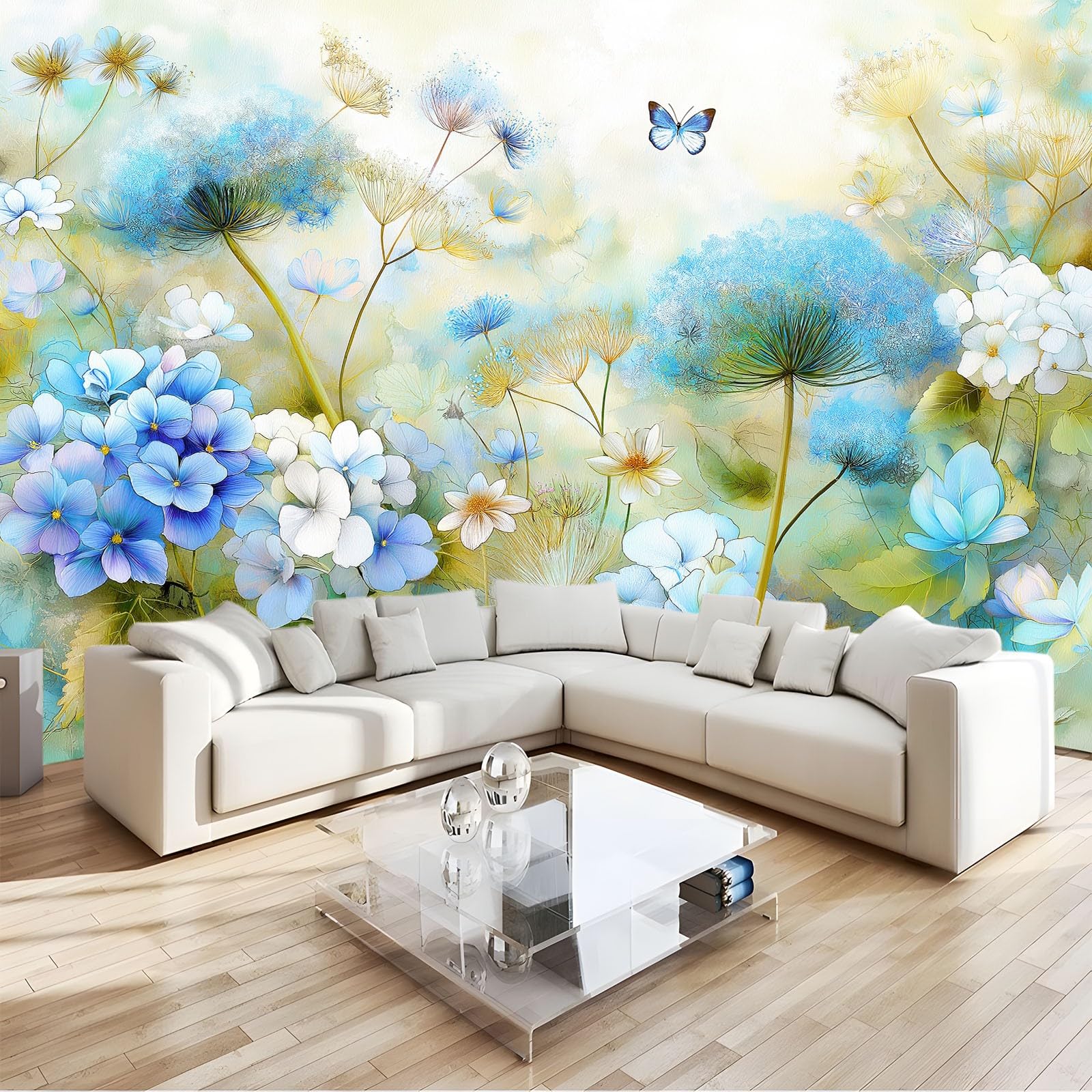 Générique Panoramiczna tapeta akwarelowa kwiaty hortensja motyl szałwiowa zieleń, tapeta z włókniny 3D, do pokoju dziecięcego i salonu, dekoracja ścienna XXL, 350 x 256 cm