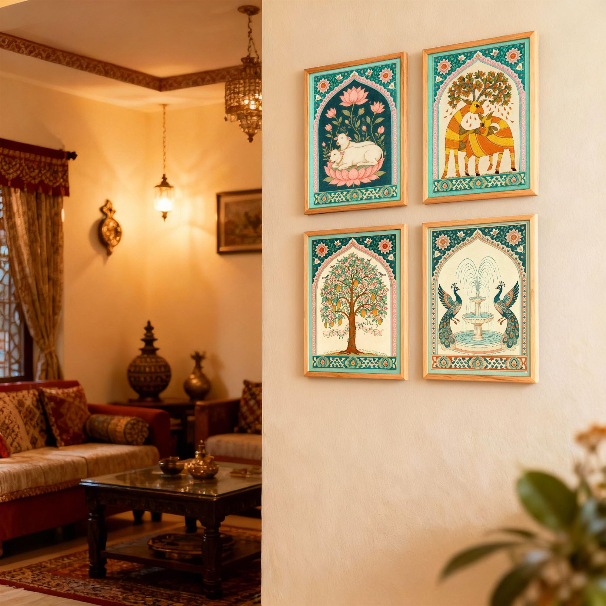 SoulAbiti Cow Deer Tree Peacock Nature Harmony Framed Wall Paintings Set of 4 Traditional Indian Folk Madhubani Art for Wall Decor Ethnic Decoration for Living Room, Bedroom & Home A4 Size 10x13 Inch Light Brown Frame Plexi Glass 3