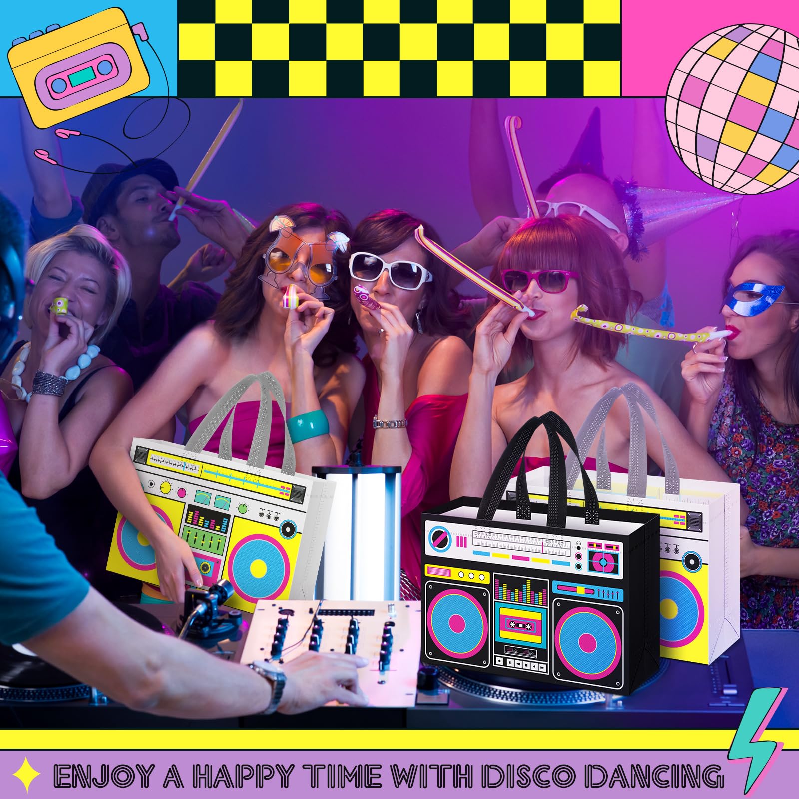 Locmeo Partytüten im Stil der 80er-90er-Jahre, nicht gewebt, Retro-Radio, Lebensmitteltüten für Hip-Hop, Geburtstag, Disco, Rock-Party, Schwarz, Gelb, 24 Stück