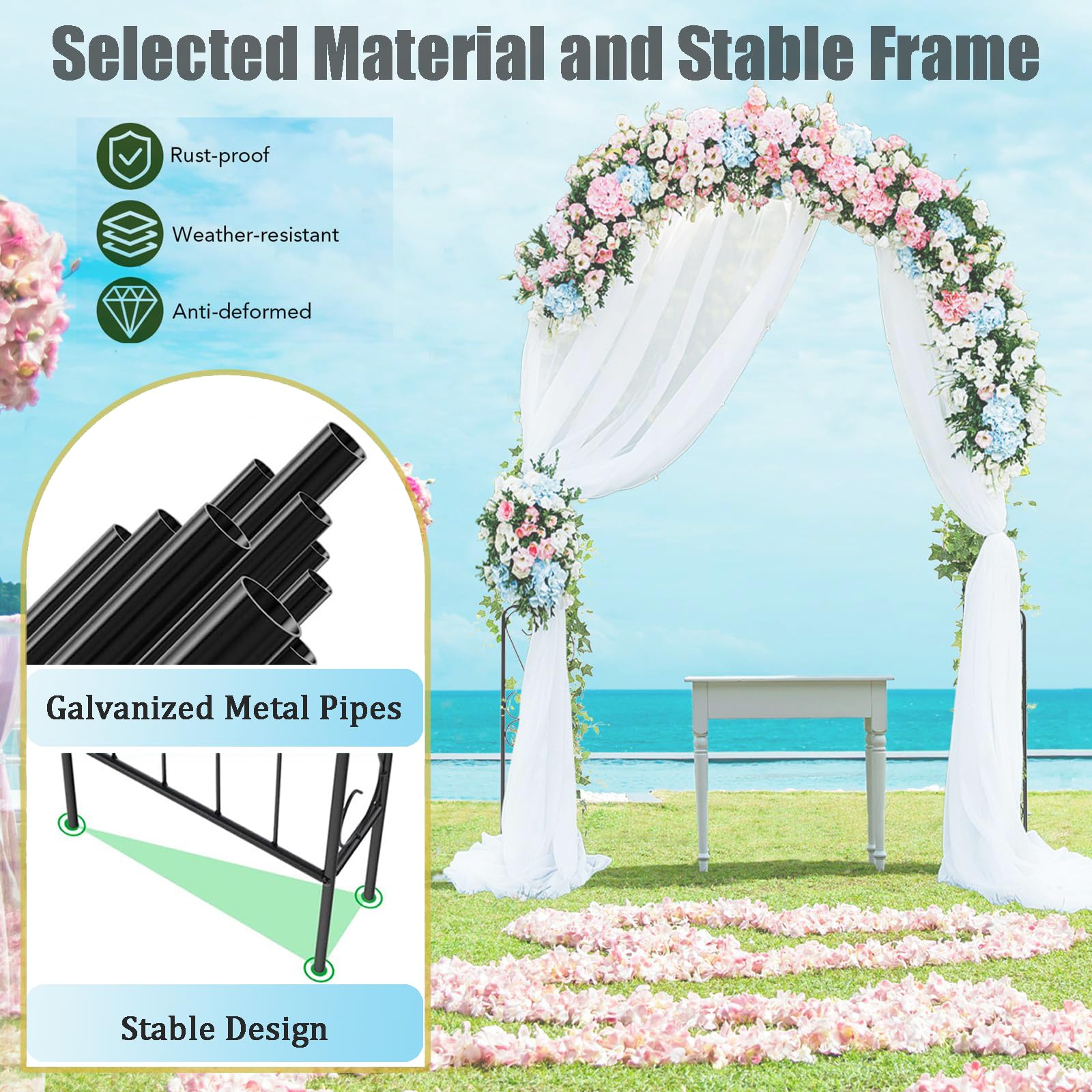 Arco da giardino in metallo resistente, traliccio per rose rampicanti, fiori e verdure, elegante pergolato da giardino nero (2,4 x 2,2 m)