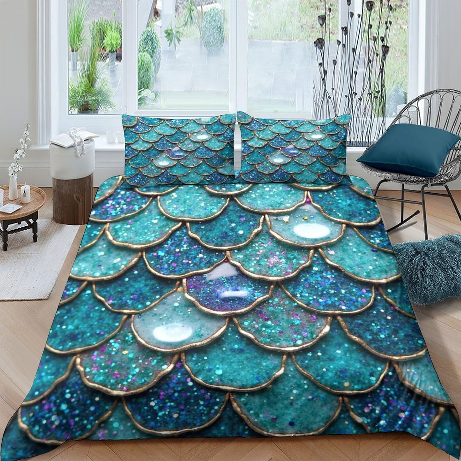 Unrxjzlvm Style-10 Turquoise Mermaid Scales Bedding Set Microfiber Teen Room