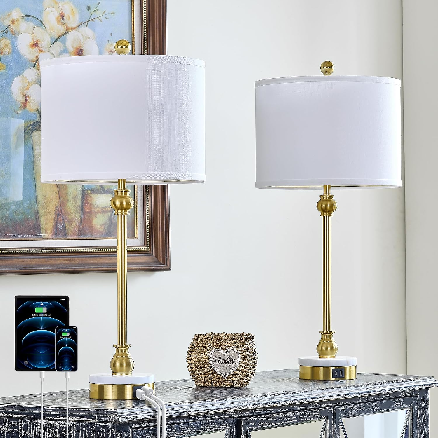 Maxax Brass Gold Buffet Table Lamps Set of 2 for Living Room, 28" Tall Skinny Table Lamps with USB A+ C Charging Port, Modern Bedroom Bedside Lamp with White Marble Oatmeal Fabric Shade for Nightstand
