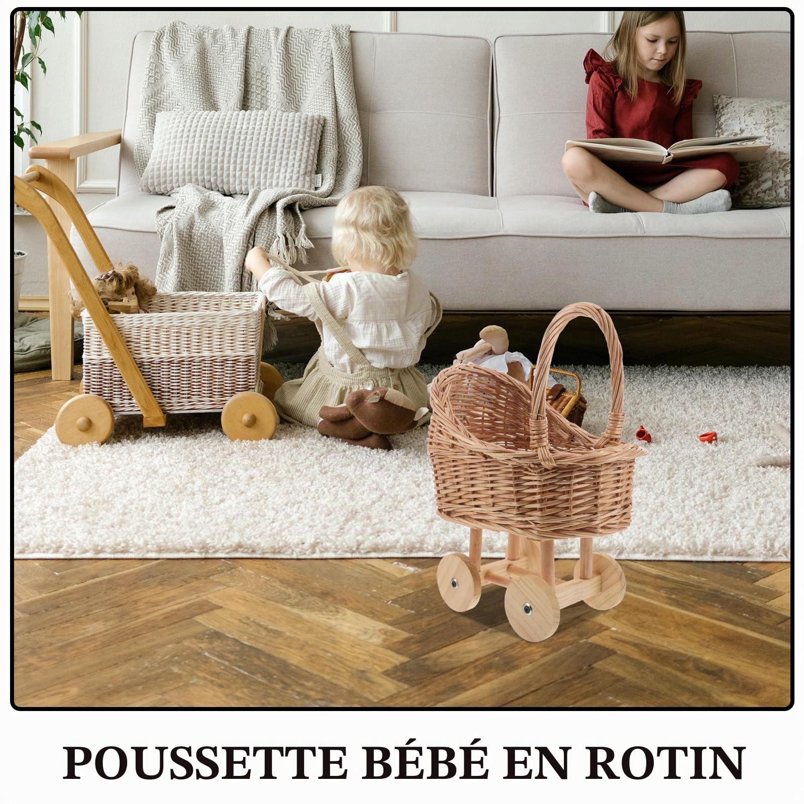 Gatuida Poussette de poupée, Jouet d'imitation en Osier pour bébé Fille, Poussette de poupée, Panier de Fleurs Vintage pour Maison de Jeu