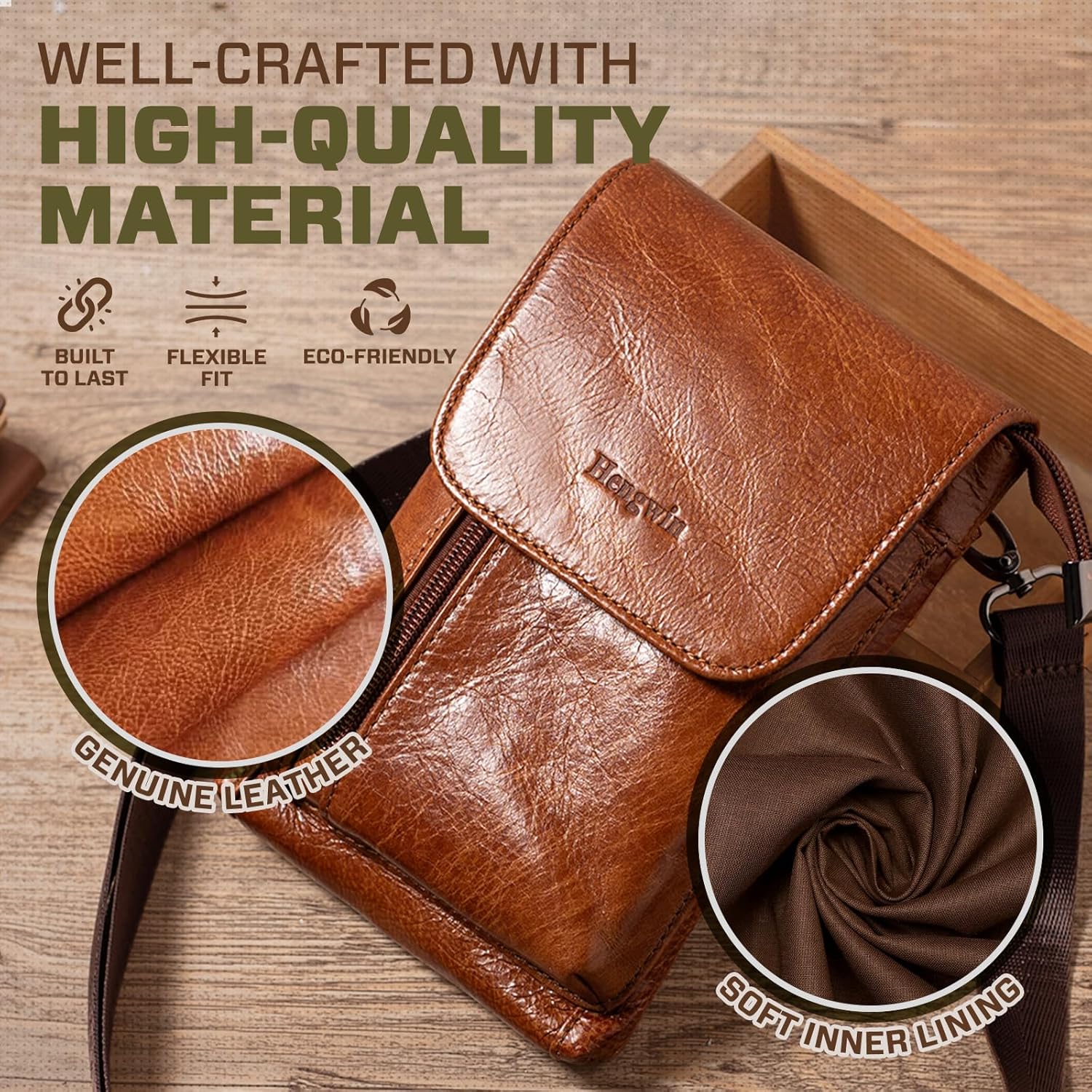 Hengwin Genuine Leather Small Crossbody Bag for Men Women, Cellphone Belt Pouch Bag, Travel Passport Wallet, Shoulder Holster - Image 2