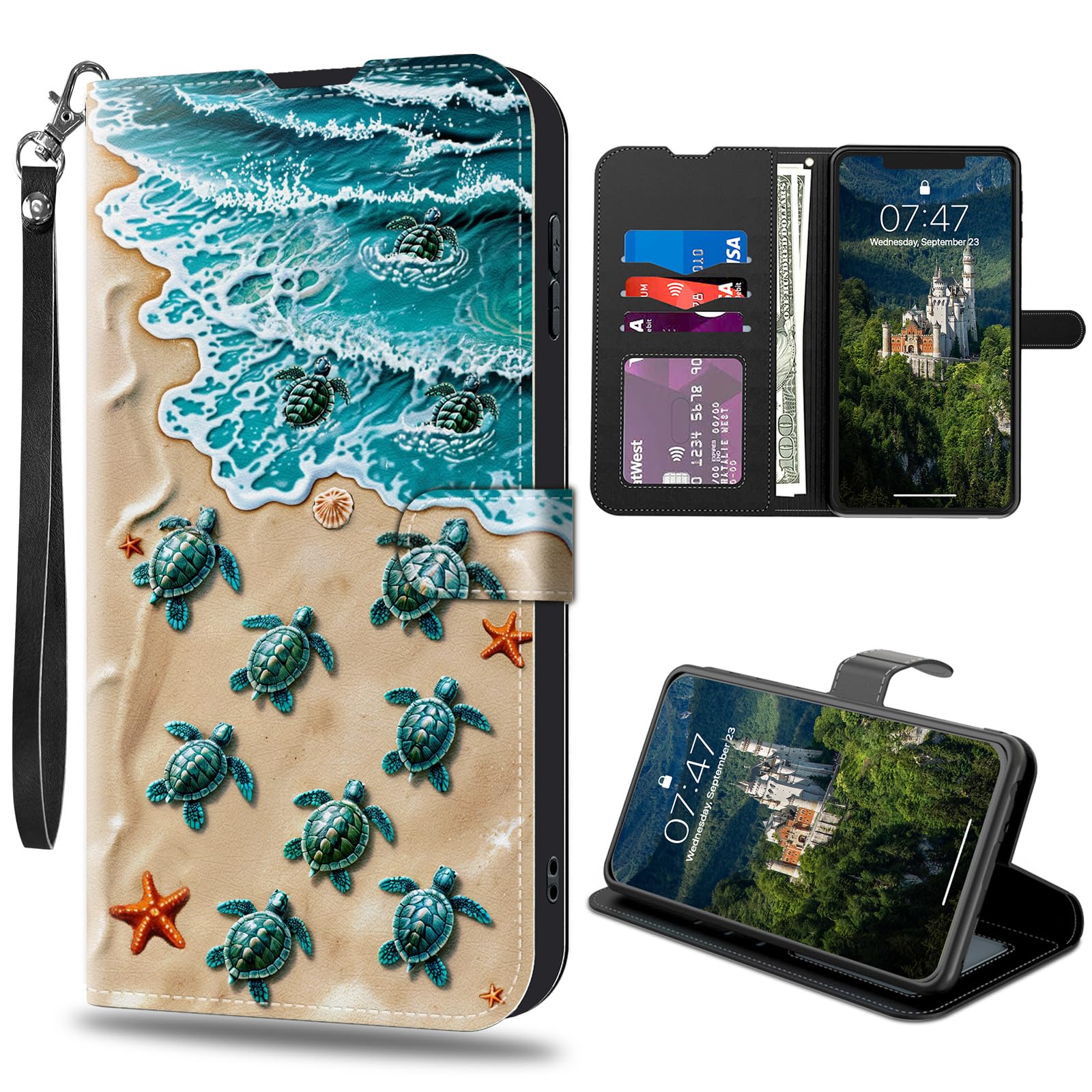 CAPAUNVDA for iPhone 16 6.1 Inch Wallet Case with Credit Card Slots Holder, PU Leather Shockproof RFID Blocking Cover for iPhone 16 6.1'',Blue Turtle