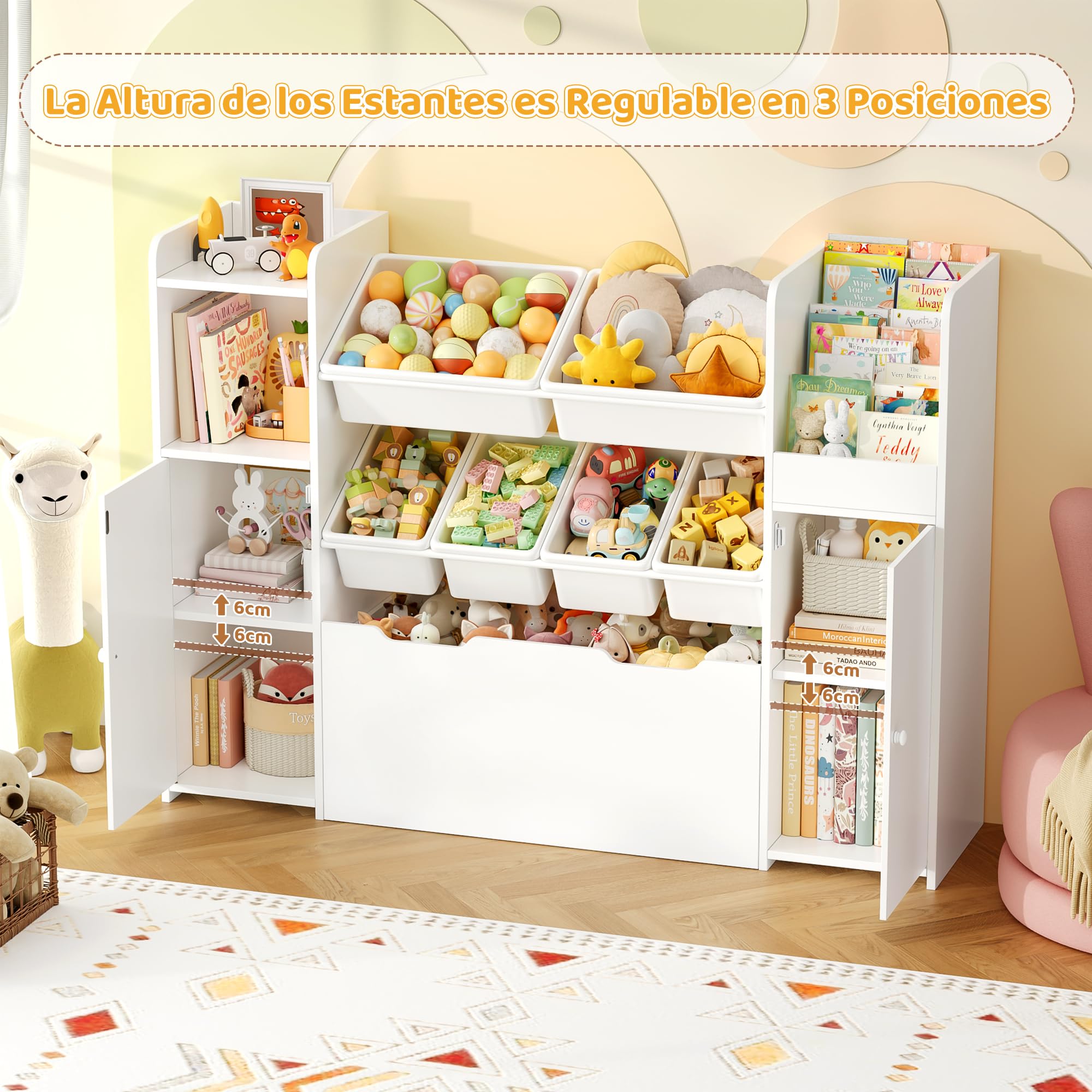 FOREHILL Organizador Juguetes, Estantería Infantil, 1 Cajón Grande, Blanco | 6 Cajas Extraíbles, 1 Cajón Grande, 2 Puertas, Estantería para Habitación Infantil Dormitorios Guardería, 138x30x94cm