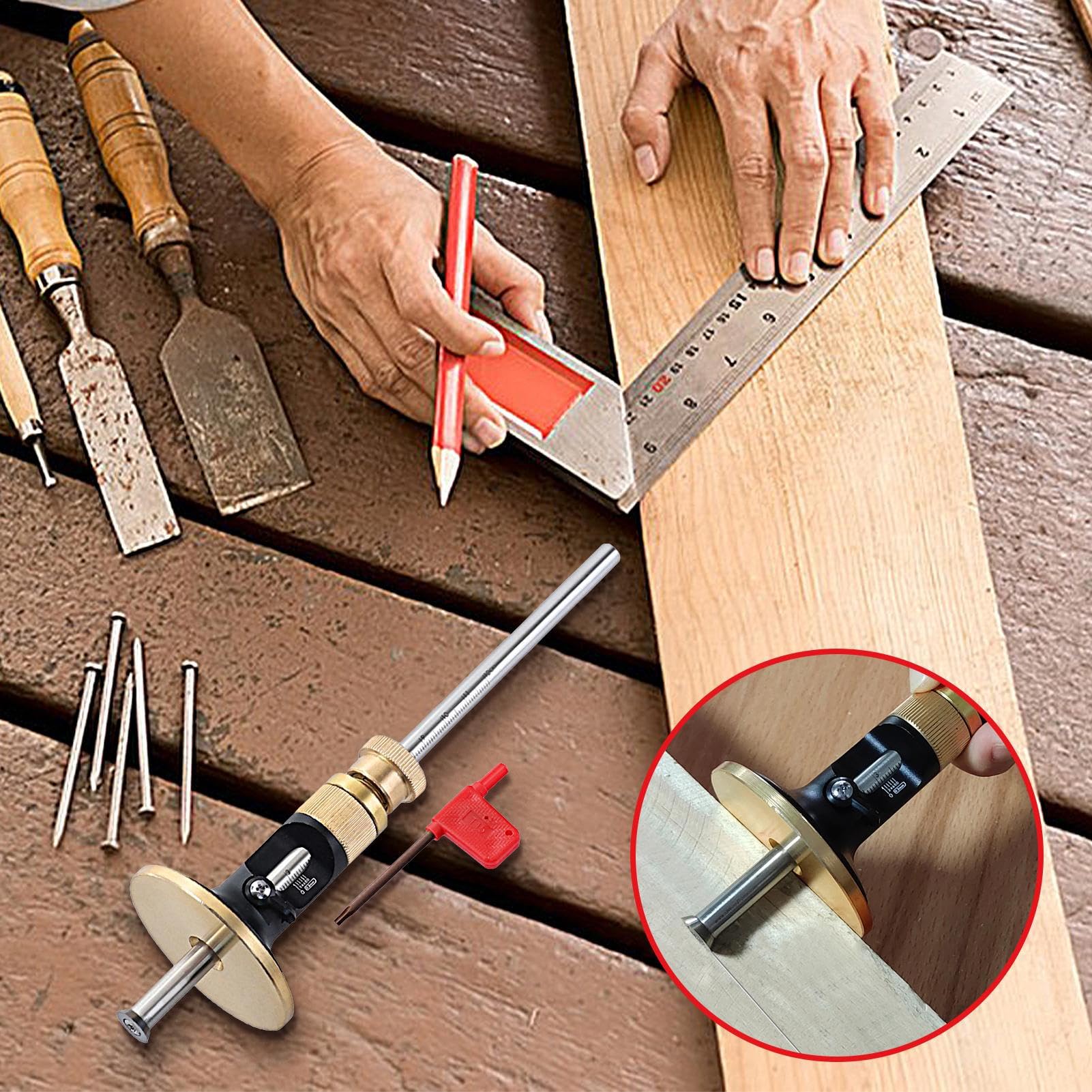 Medidor de marcado - aleación de aluminio + + acero inoxidable | Bolígrafo | de madera europeo| Guía de herramientas de escritura de madera para carpinteros, carpinteros, medidores, ruedas, trabajos
