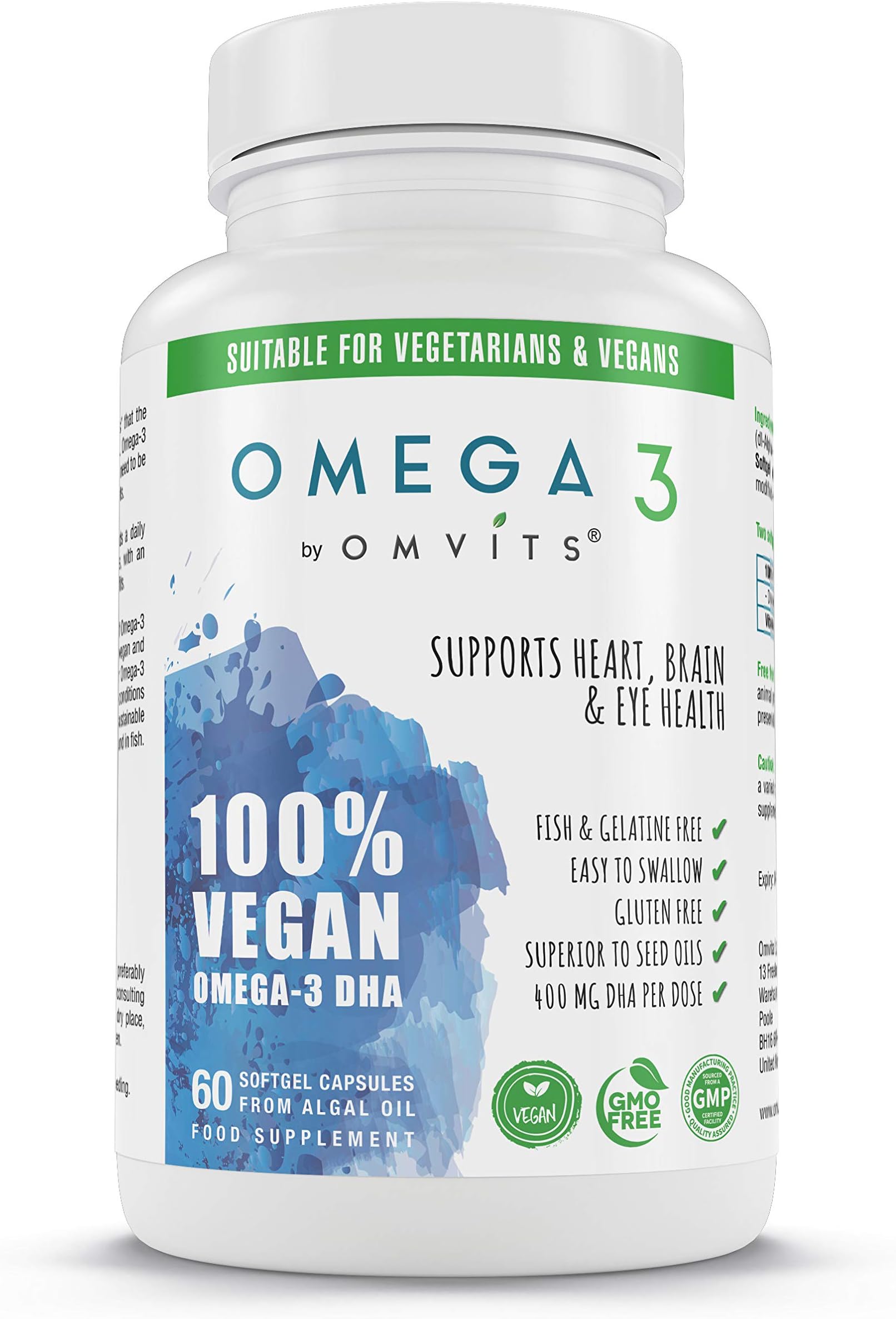 Vegan Omega 3 DHA Supplement from Algae Oil - 60 Capsules with Vitamin E - Sustainable Algal Alternative to Fish Oil - Vegetarian Essential Fatty Acids - Supports Heart, Brain & Eye Health