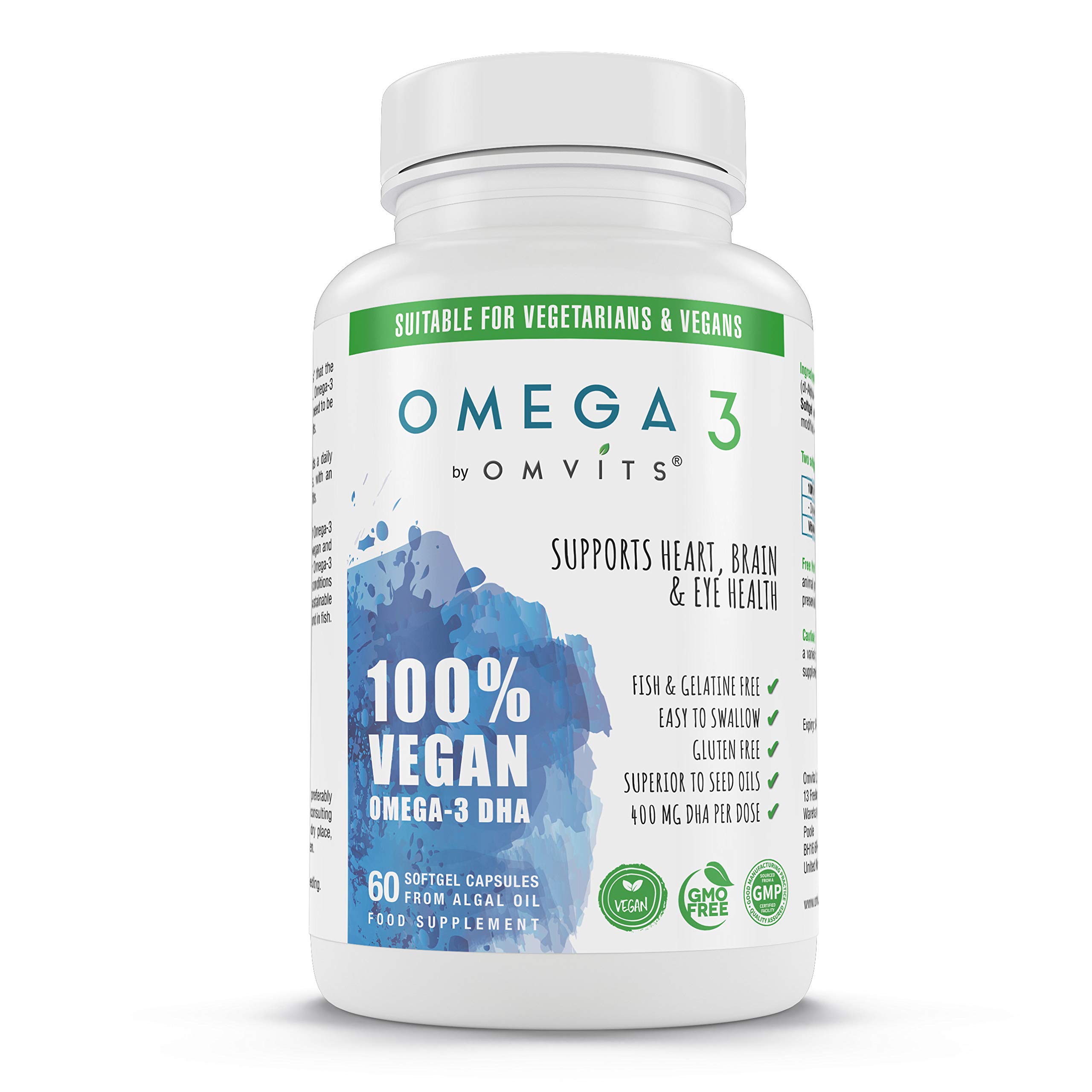 Vegan Omega 3 DHA Supplement from Algae Oil - 60 Capsules with Vitamin E - Sustainable Algal Alternative to Fish Oil - Vegetarian Essential Fatty Acids - Supports Heart, Brain & Eye Health
