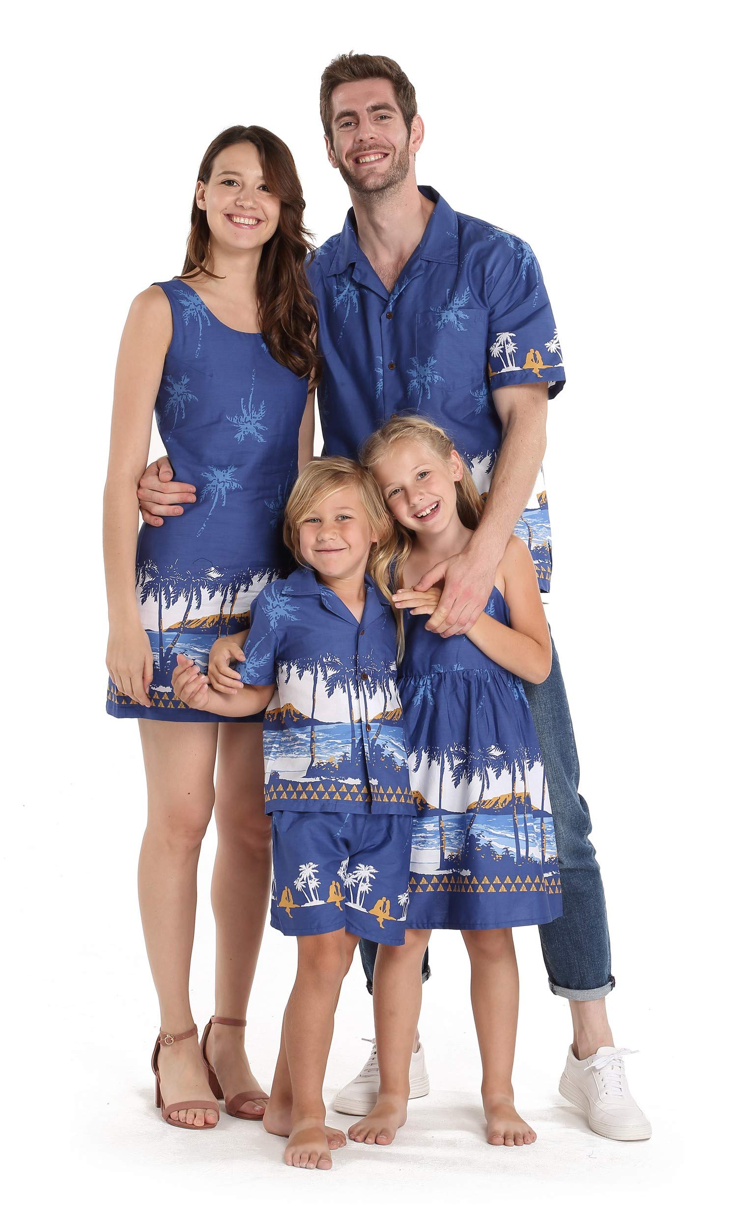 Matchable Family Hawaiian Luau Men Women Girl Boy Clothes in Diamond Head Palms Beach Navy