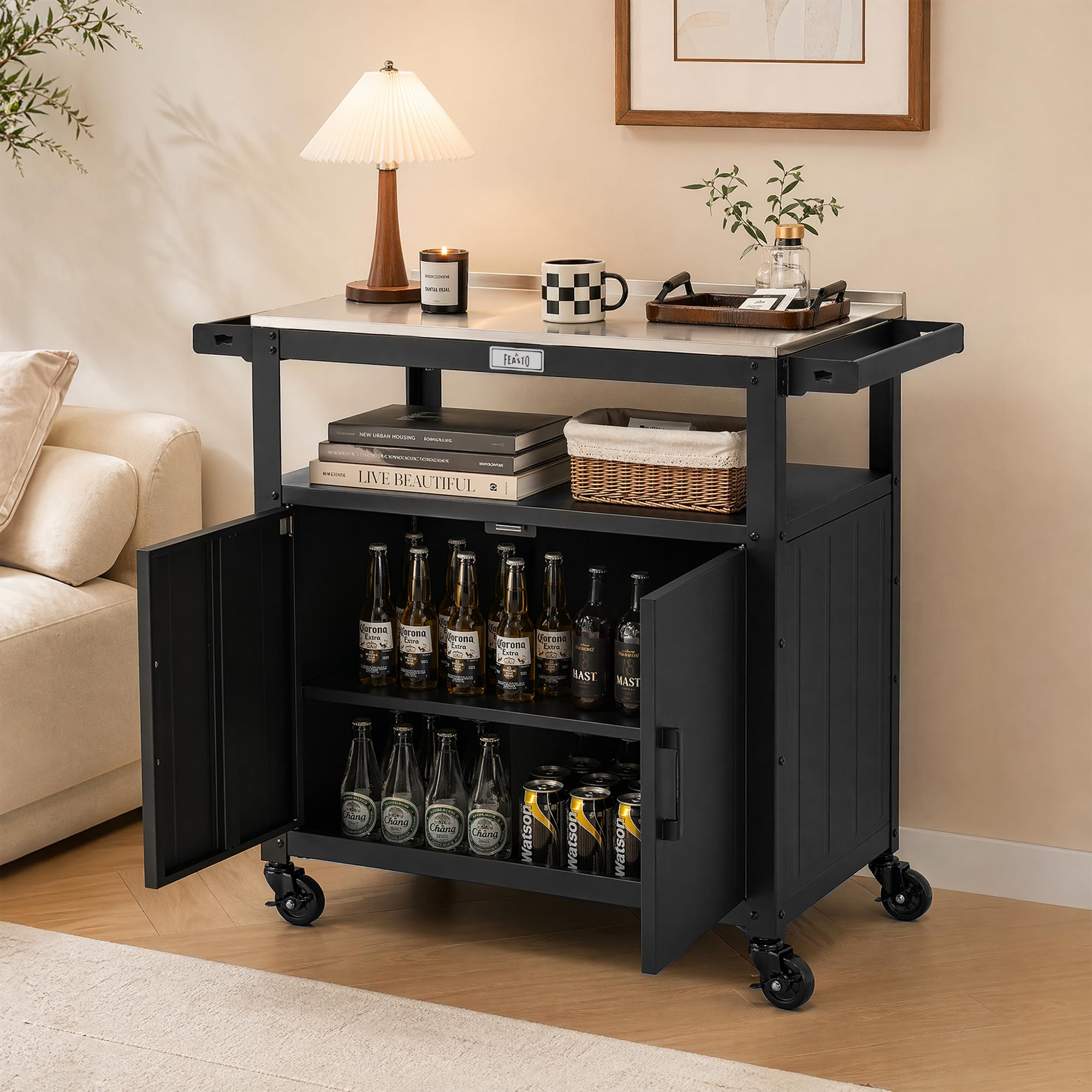 Feasto Servierwagen mit Rollen, Grillwagen mit Schrank, Edelstahlplatte, Outdoor Küche für Terrasse & Garten, 100x45x89,5 cm