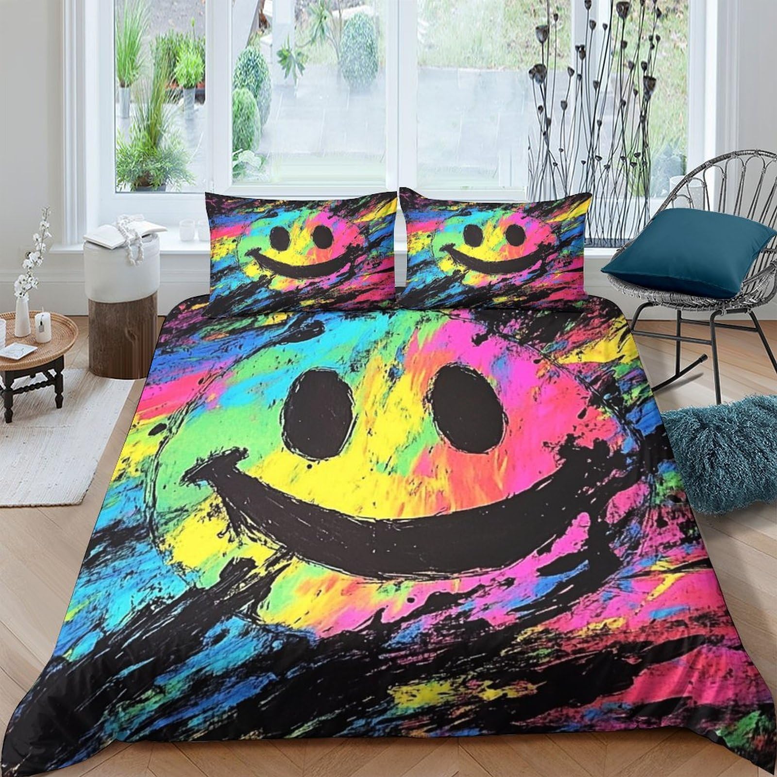 Ctjqhvkz Style-1 3D Printed Rainbow Graffiti Fitted Sheet Microfiber Soft Multicolor Smile Face Bed Cover For Bedroom Dorm Mattress Protection Decor Single（135X200cm）