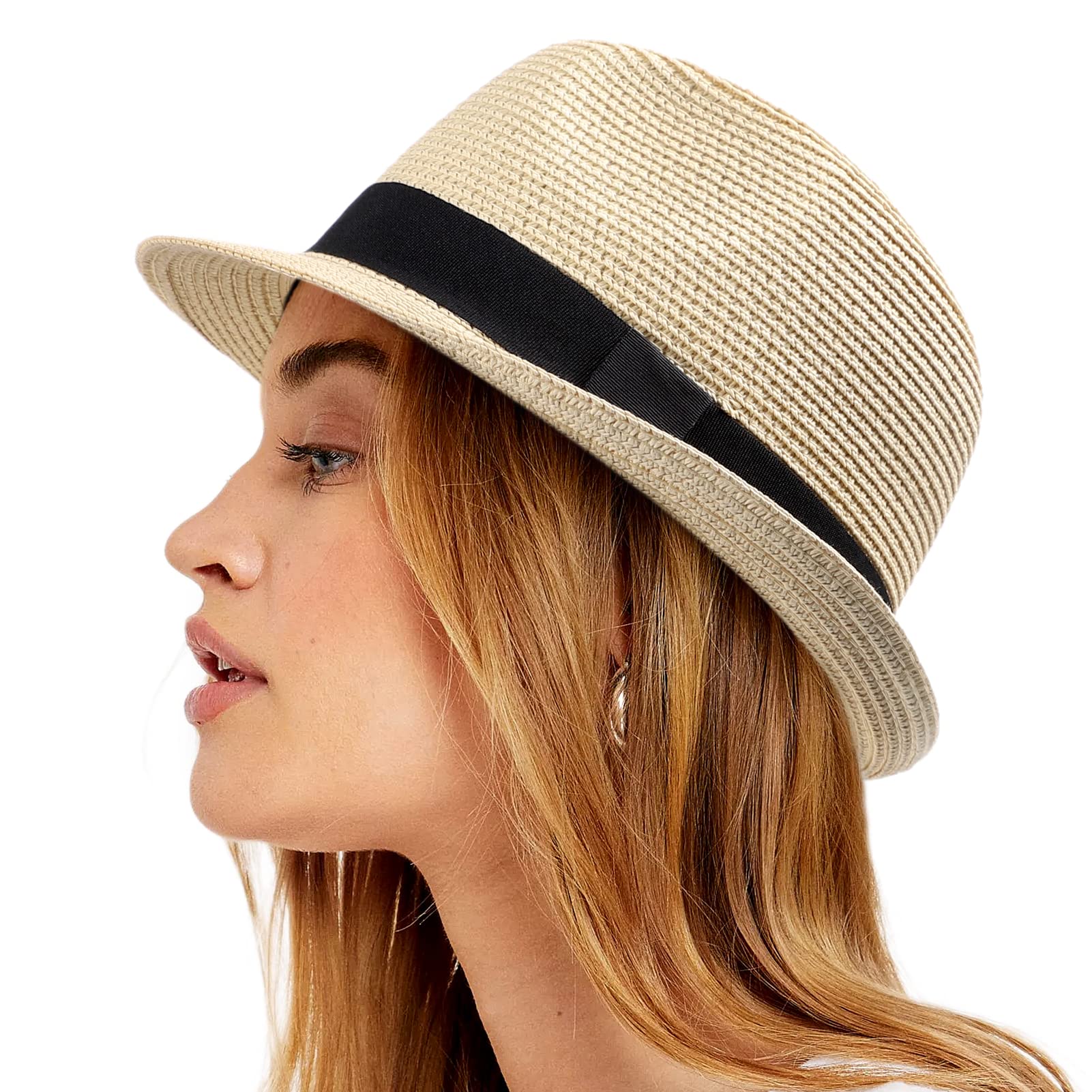 Womens Straw Hat Short Brim Panama Fedora Beach Sun Trilby Hat for